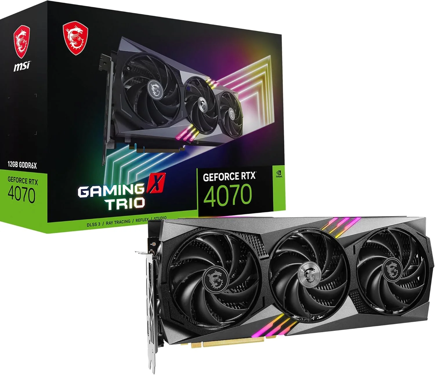 کارت گرافیک ام اس آی GeForce RTX 4070 GAMING X TRIO 12G - پردازنده گرافیکی RTX 4070، حافظه 12 گیگابایت GDDR6X (21Gbps/192-bit)، PCIe 4.0 - TRI FROZR 3 (3 عدد فن TORX 5.0)، نورپردازی RGB - HDMI 2.1، DisplayPort 1.4a