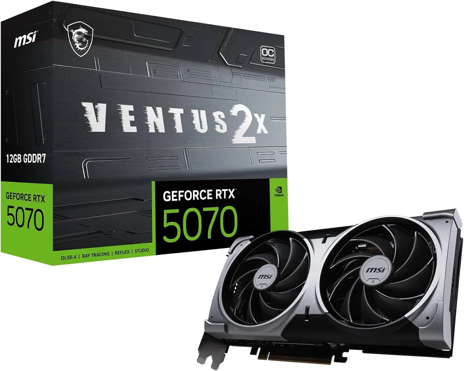 کارت گرافیک MSI GeForce RTX 5070 12G VENTUS 2X OC - پردازنده گرافیکی RTX 5070، حافظه 12 گیگابایتی GDDR7 (28 گیگابیت بر ثانیه/192 بیتی)، PCIe 5.0 - طراحی حرارتی دو فن (2 عدد فن TORX 5.0) - HDMI 2.1b، DisplayPort 2.1b