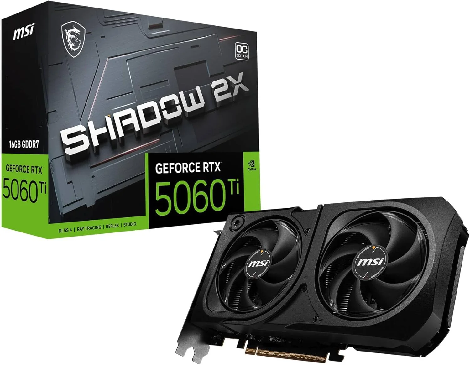 کارت گرافیک ام اس آی GeForce RTX 5060 Ti 16G SHADOW 2X OC PLUS - پردازنده گرافیکی RTX 5060 Ti، حافظه 16 گیگابایت GDDR7 (28Gbps/128-bit)، PCIe 5.0 - طراحی حرارتی دو فن (2 عدد فن STORMFORCE) - HDMI 2.1b، DisplayPort 2.1b