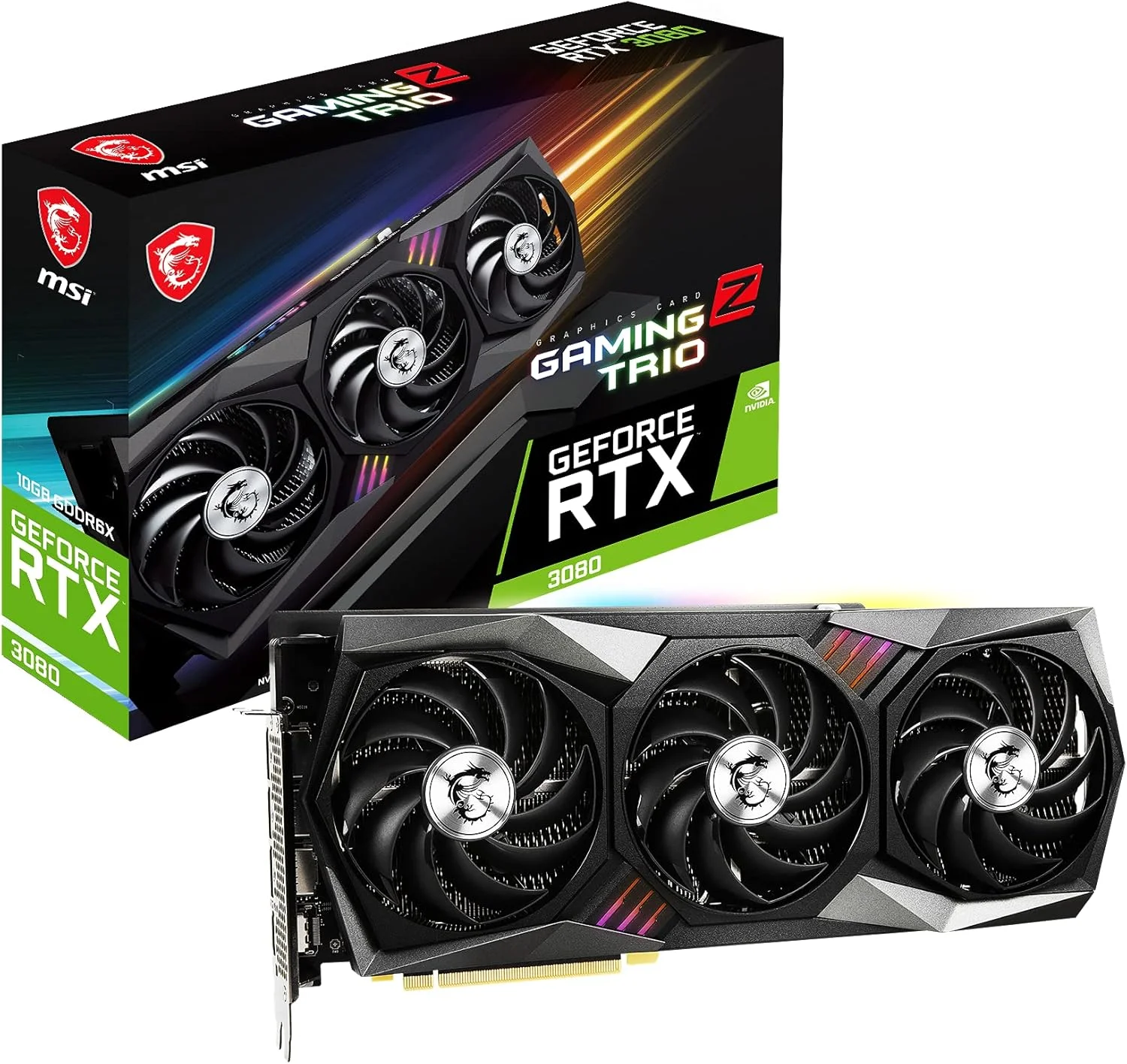 کارت گرافیک ام اس آی NVIDIA GeForce RTX 3080 Gaming Z Trio 10G LHR (VGA)، حافظه 10 گیگابایت GDDR6X، رابط 320 بیتی، سرعت حافظه 19 گیگابیت بر ثانیه، فرکانس افزایشی 1830 مگاهرتز، رابط PCI Express Gen 4