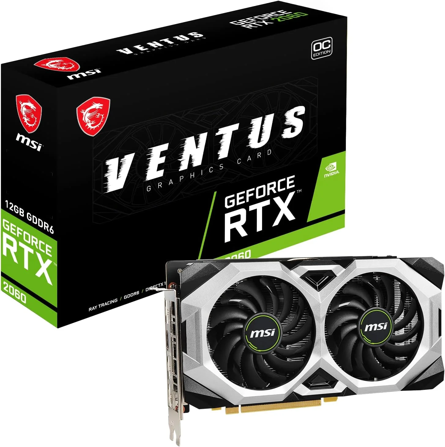 کارت گرافیک MSI Gaming GeForce RTX 2060 با 12 گیگابایت حافظه GDDR6، رابط 192 بیتی HDMI/DP، فرکانس بوست 1680 مگاهرتز، فناوری Ray Tracing، معماری Turing، آماده برای واقعیت مجازی (RTX 2060 Ventus 12G OC)