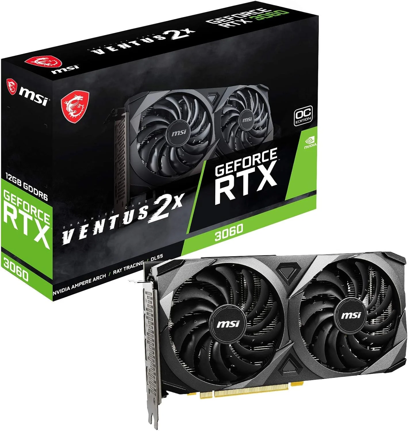 کارت گرافیک ام اس آی GeForce RTX 3060 VENTUS 2X 12G OC: PCI Express Gen 4، سرعت حافظه 15 گیگابیت بر ثانیه، 12 گیگابایت GDDR6، 3x DisplayPort، حداکثر رزولوشن 7680 x 4320، دو فن، TORX FAN 3.0 - مشکی