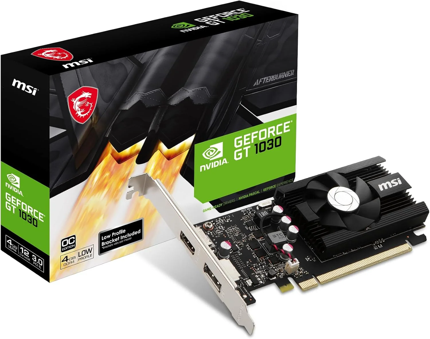 کارت گرافیک ام اس آی گیمینگ GeForce GT 1030 با 4 گیگابایت حافظه GDRR4، رابط 64 بیتی، پشتیبانی از HDCP، DirectX 12، درگاه های DP/HDMI، تک فن، اورکلاک شده (GT 1030 4GD4 LP OC)