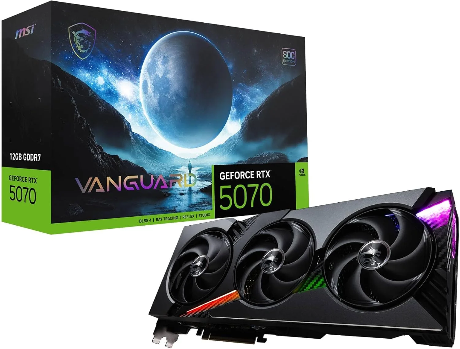 کارت گرافیک MSI NVIDIA GeForce RTX 5070 12G VANGUARD SOC، با 12 گیگابایت حافظه GDDR7، رابط 192 بیتی 28 گیگابیت بر ثانیه، 6144 هسته CUDA، حداکثر فرکانس بوست 2640 مگاهرتز، معماری Blackwell و DLSS 4 | 912-V532-054