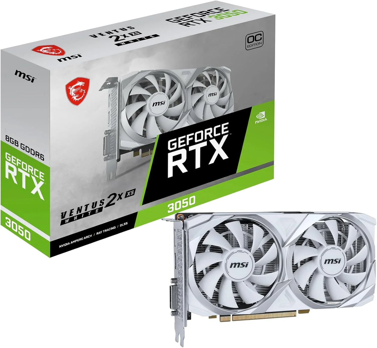 کارت گرافیک گیمینگ MSI GeForce RTX 3050 VENTUS 2X XS WHITE 8G OC - 8 گیگابایت GDDR6، 1807 مگاهرتز، PCI Express Gen 4، 128 بیتی، 1x DP (v1.4a)، 1x HDMI 2.1 (پشتیبانی از 4K)