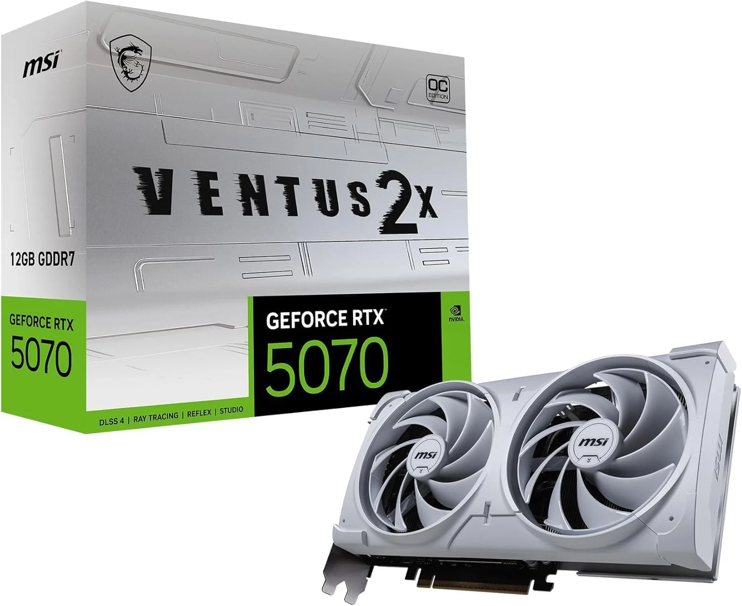 کارت گرافیک MSI GeForce RTX 5070 12G Ventus 2X OC White - پردازنده گرافیکی RTX 5070، حافظه 12 گیگابایت GDDR7 (28 گیگابیت بر ثانیه/192-بیت)، PCIe 5.0 - طراحی حرارتی دو فن (2 عدد فن TORX 5.0) - HDMI 2.1b، DisplayPort 2.1b