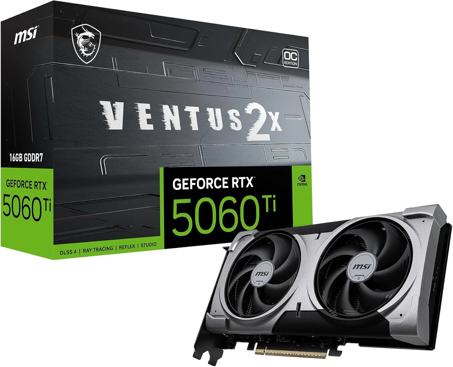کارت گرافیک MSI Gaming RTX 5060 Ti 16G Ventus 2X OC Plus (16 گیگابایت GDDR7، 128 بیتی، عملکرد فوق العاده: TBA مگاهرتز، DisplayPort x 3 2.1a، HDMI 2.1b، معماری NVIDIA Blackwell)