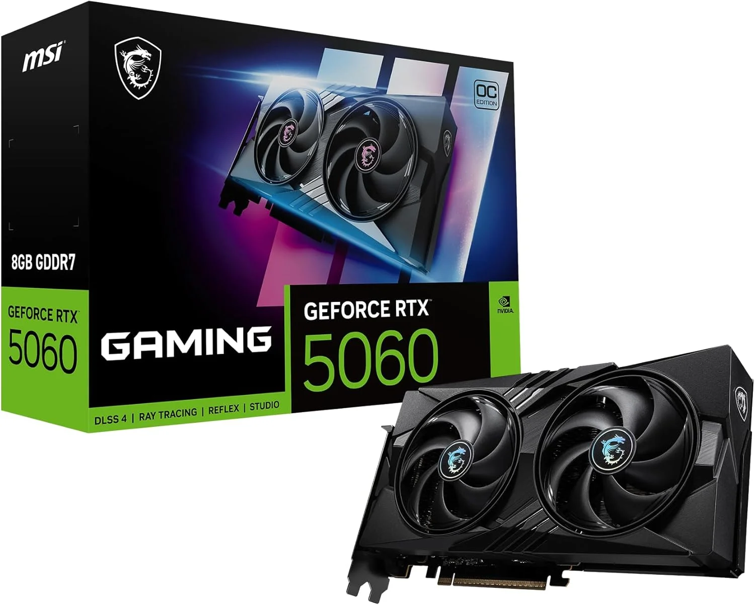 کارت گرافیک MSI Gaming RTX 5060 8G Gaming OC (8GB GDDR7، 128 بیتی، عملکرد فوق العاده: 2640 مگاهرتز، DisplayPort x3 2.1a، HDMI 2.1b، معماری NVIDIA Blackwell)