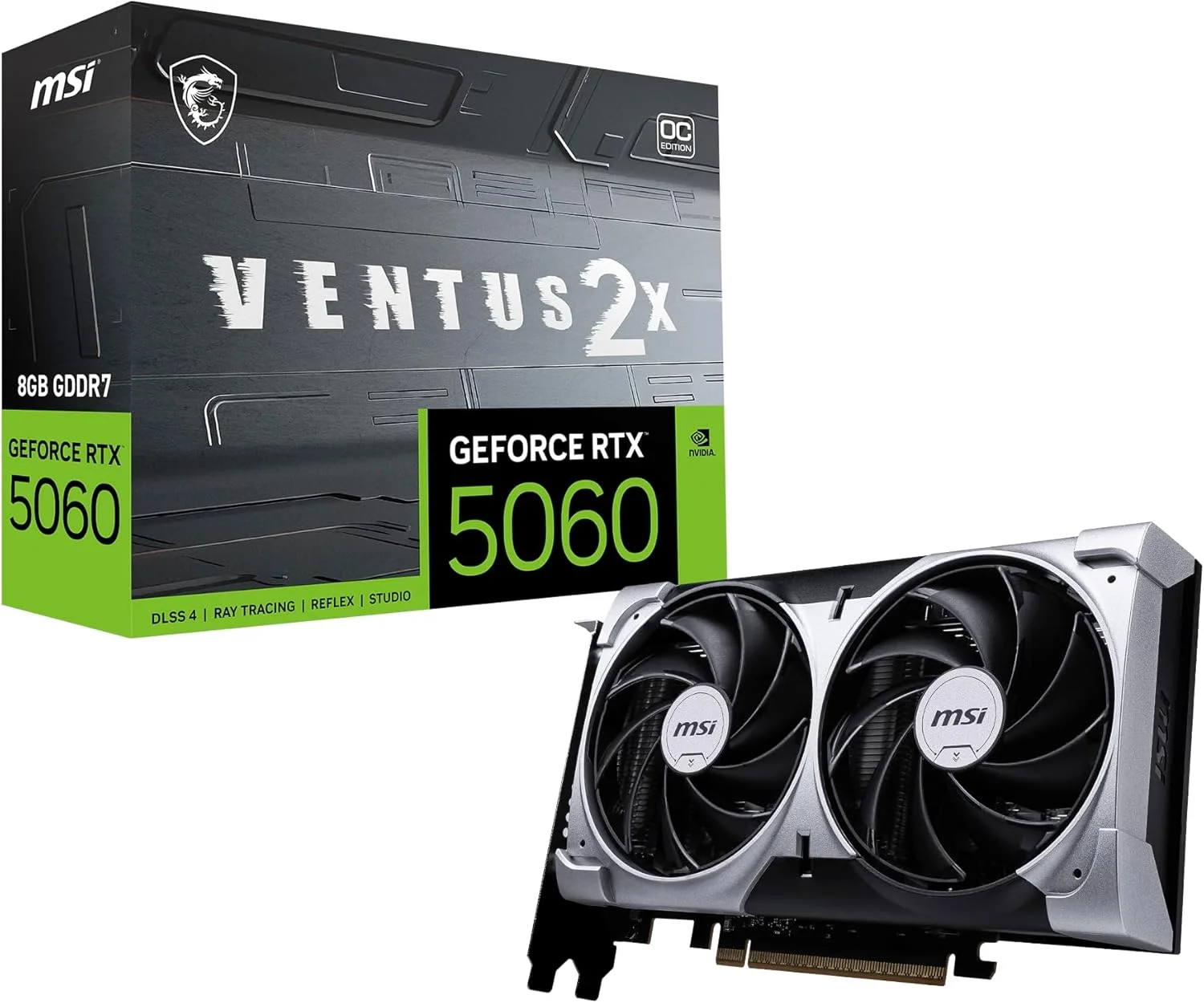 کارت گرافیک MSI Gaming RTX 5060 8G Ventus 2X OC (8 گیگابایت GDDR7، 128 بیتی، عملکرد فوق العاده: 2535 مگاهرتز، DisplayPort x3 2.1a، HDMI 2.1b، معماری NVIDIA Blackwell)