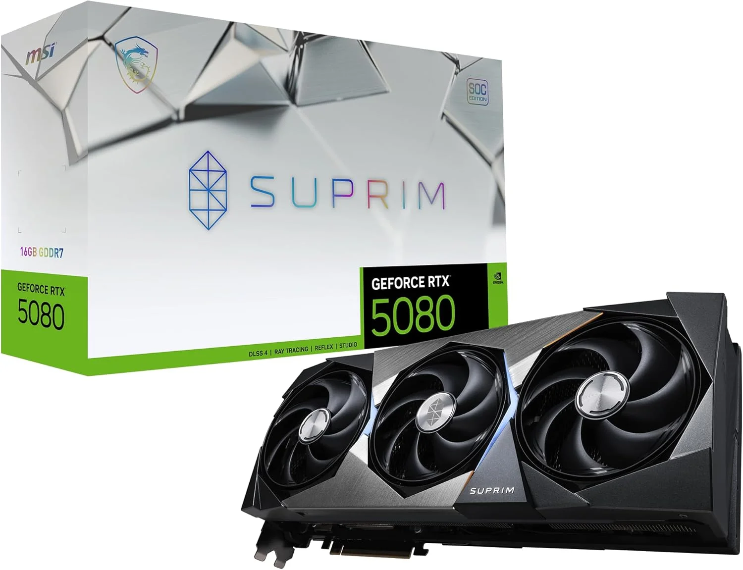کارت گرافیک MSI Gaming RTX 5080 16G SUPRIM SOC (16 گیگابایت GDDR7، 256 بیتی، عملکرد فوق العاده: 2760 مگاهرتز، DisplayPort x 3 2.1a، HDMI 2.1b، معماری NVIDIA Blackwell)