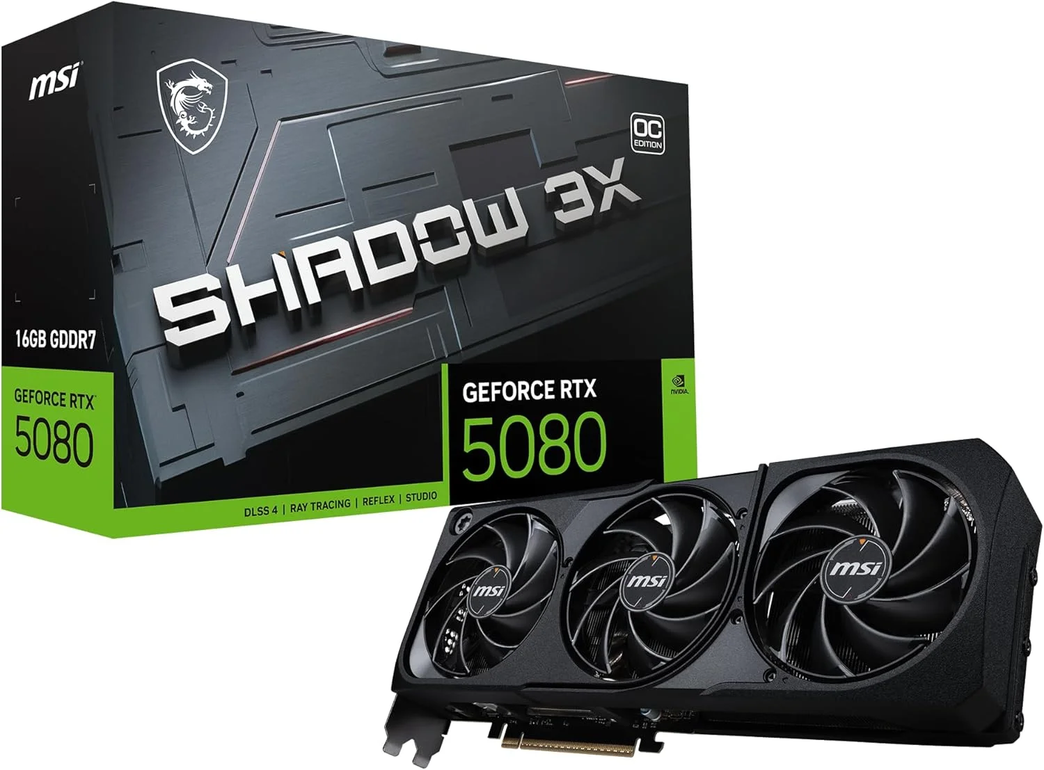کارت گرافیک ام اس آی گیمینگ RTX 5080 16G Shadow 3X OC (16 گیگابایت GDDR7، 256 بیتی، Extreme Clock TBD مگاهرتز، DisplayPort x 3 2.1a، HDMI 2.1b، معماری NVIDIA Blackwell)