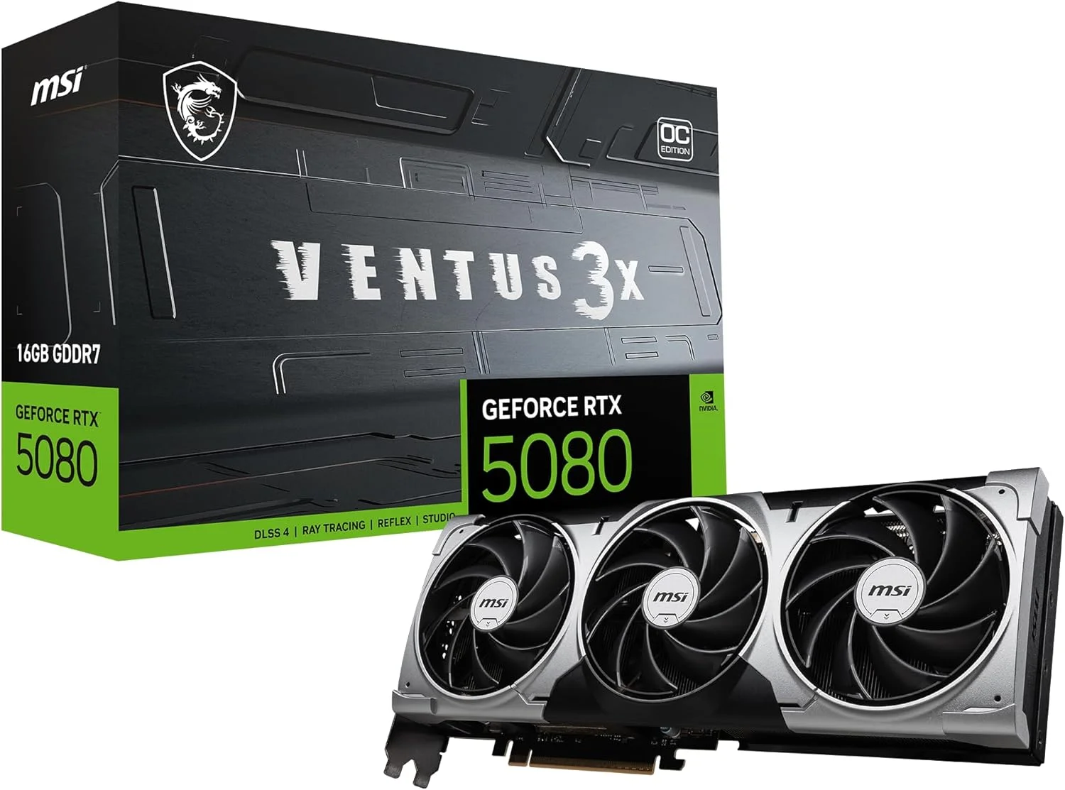 کارت گرافیک ام اس آی گیمینگ RTX 5080 16G Ventus 3X OC (16 گیگابایت GDDR7، 256 بیتی، عملکرد فوق العاده: 2655 مگاهرتز، DisplayPort x3 2.1a، HDMI 2.1b، معماری NVIDIA Blackwell)