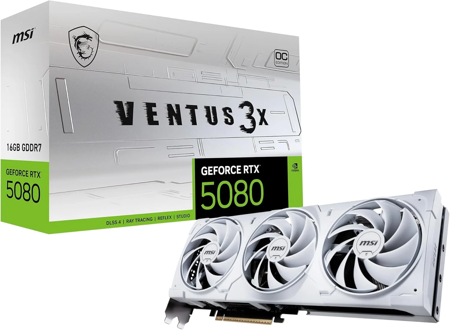 کارت گرافیک MSI Gaming RTX 5080 16G Ventus 3X OC White (16 گیگابایت GDDR7، 256 بیتی، Extreme Clock TBD مگاهرتز، DisplayPort x 3 2.1a، HDMI 2.1b، معماری NVIDIA Blackwell)