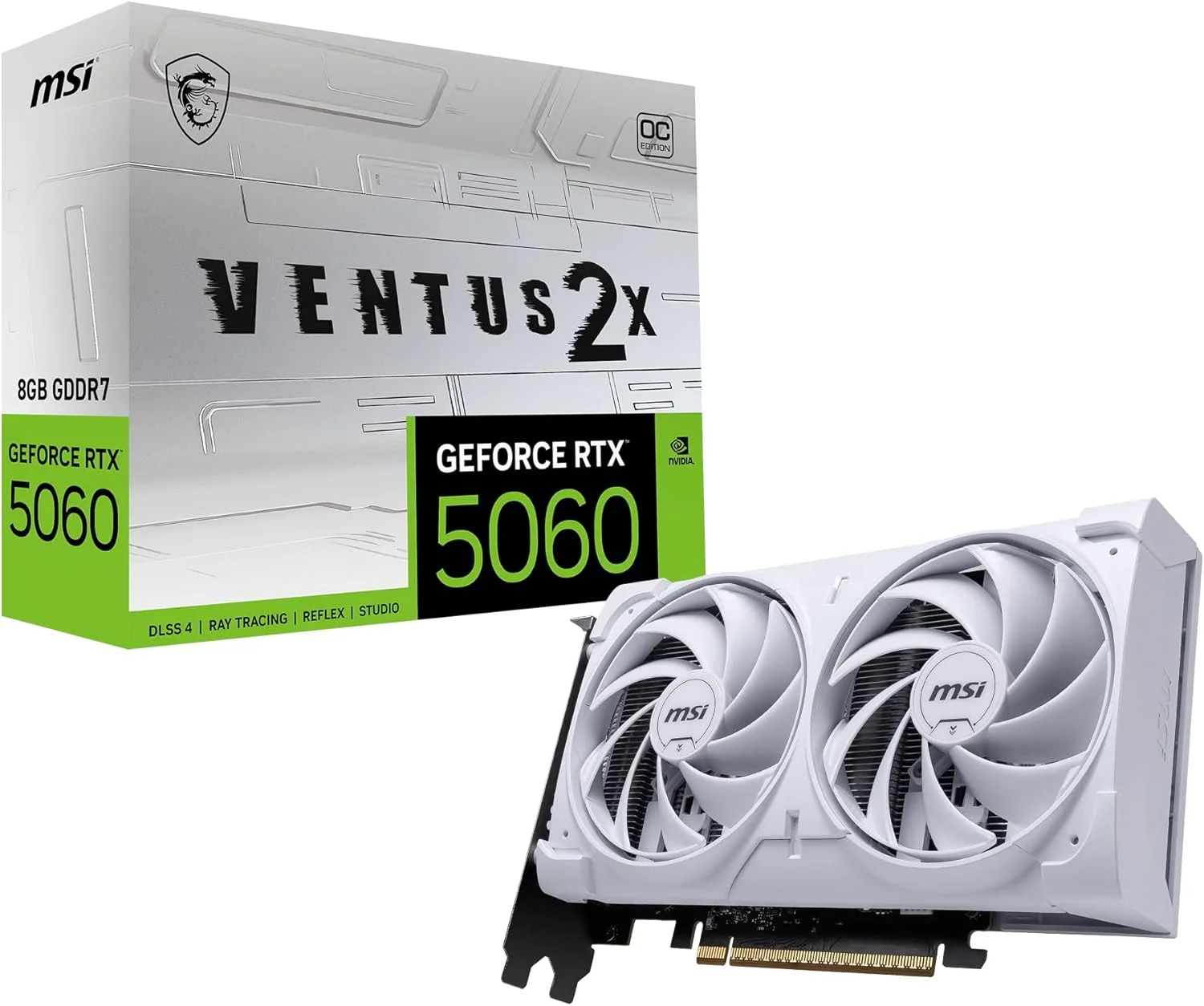 کارت گرافیک MSI Gaming RTX 5060 8G Ventus 2X OC White (8GB GDDR7، TBA-bit، عملکرد فوق العاده: TBA مگاهرتز، DisplayPort x3 2.1a، HDMI 2.1b، معماری NVIDIA Blackwell)