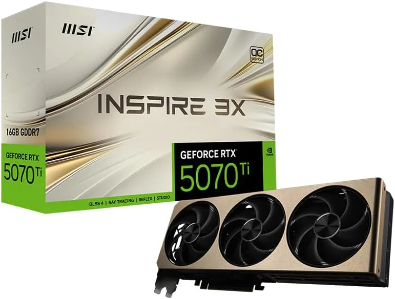 کارت گرافیک ام اس آی گیمینگ RTX 5070 TI 16G Inspire 3X OC (16 گیگابایت GDDR7، 256 بیتی، عملکرد فوق العاده: 2497 مگاهرتز، DisplayPort x 3 2.1a، HDMI 2.1b، معماری NVIDIA Blackwell)