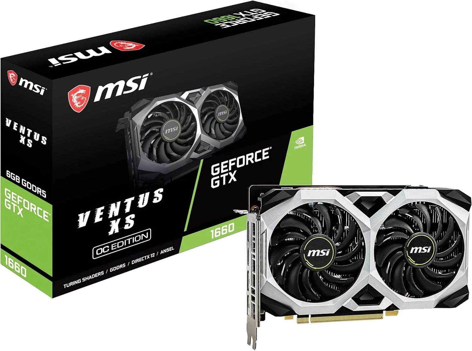 کارت گرافیک MSI Gaming GeForce GTX 1660 192 Bit HDMI/DP 6GB GDRR5 با پشتیبانی از HDCP و DirectX 12، دارای دو فن، آماده برای واقعیت مجازی (VR) و اورکلاک شده (OC) مدل GTX 1660 VENTUS XS 6G OC، ابعاد 4.32x12.7x20.32 سانتی متر