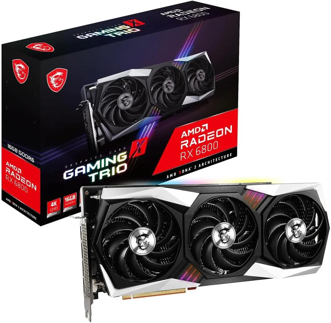 کارت گرافیک MSI Gaming Radeon RX 6800 با 16 گیگابایت حافظه GDDR6، رابط 256 بیتی HDMI/DP، فرکانس 2105 مگاهرتز، معماری RDNA 2 و اورکلاک (RX 6800 Gaming X Trio 16G)