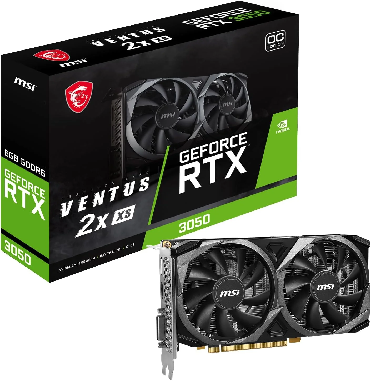 کارت گرافیک ام اس آی گیمینگ GeForce RTX 3050 8GB GDRR6 128-Bit HDMI/DP PCIe 4 Torx Twin Fans Ampere OC (مدل RTX 3050 Ventus 2X XS 8G OC)