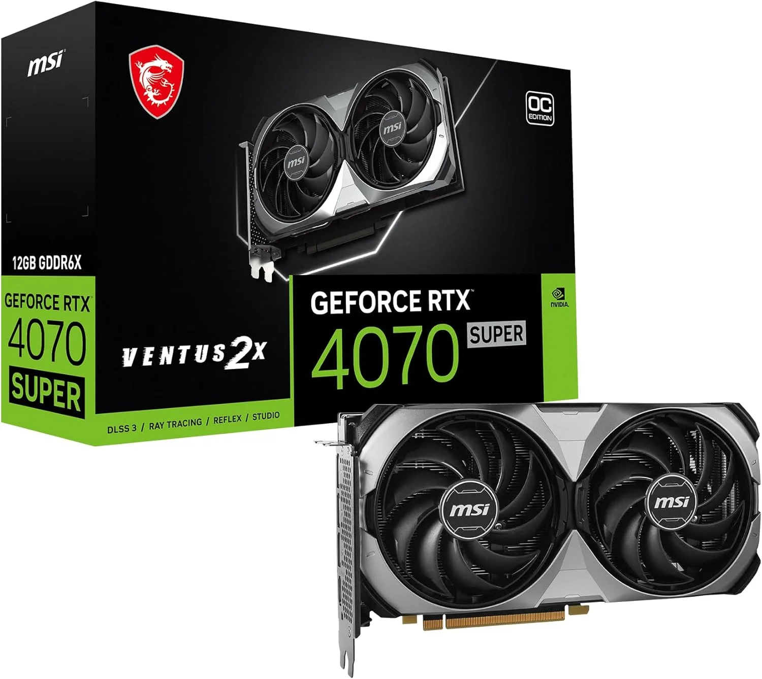 کارت گرافیک MSI Gaming RTX 4070 Super 12G Ventus 2X OC (NVIDIA RTX 4070 Super، 192-Bit، Boost Clock: 2520 مگاهرتز، 12 گیگابایت GDRR6X 21 گیگابیت بر ثانیه، HDMI/DP، معماری Ada Lovelace)