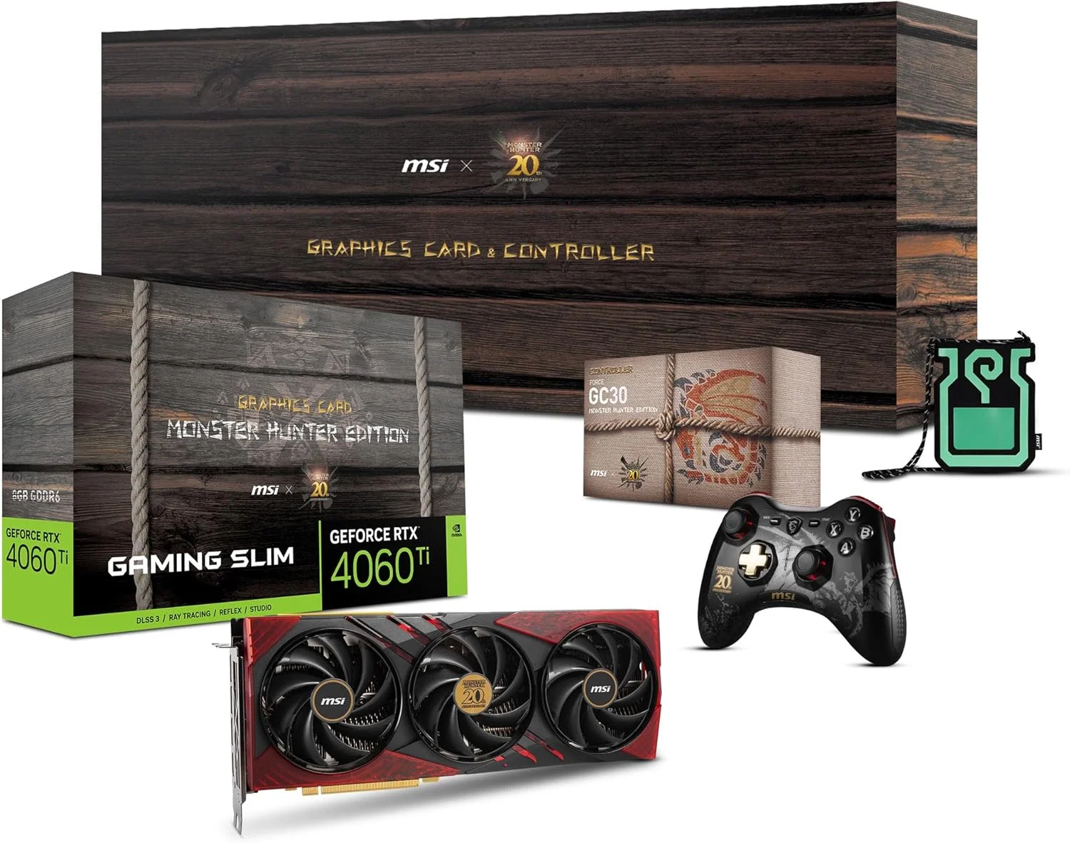 کارت گرافیک MSI Gaming RTX 4060 Ti 8G x GC30 Monster Hunter Edition به همراه دسته بازی GC30 (NVIDIA RTX 4060 Ti، 128 بیتی، فرکانس افزایشی: 2535 مگاهرتز، 8 گیگابایت GDDR6 18 گیگابیت بر ثانیه، HDMI/DP)