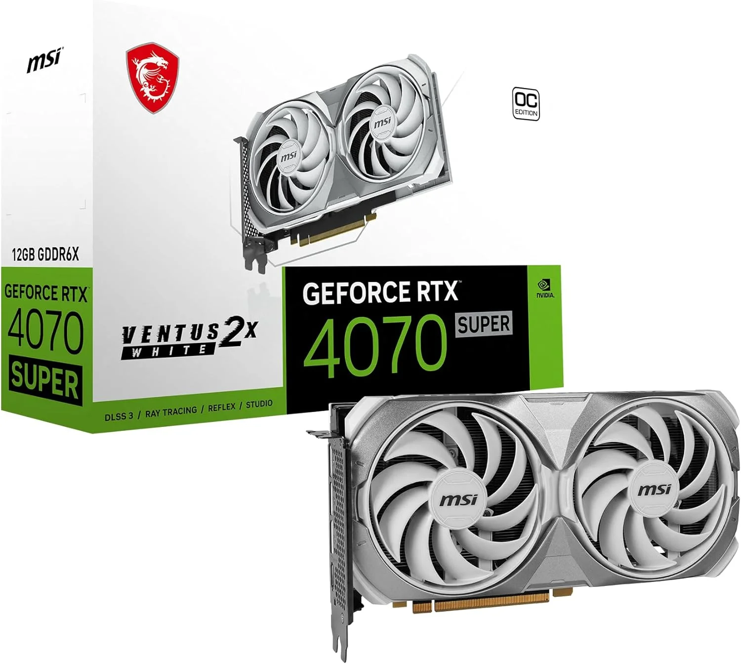 کارت گرافیک MSI Gaming RTX 4070 Super 12G Ventus 2X White OC (NVIDIA RTX 4070 Super، 192-Bit، Boost Clock: 2520 مگاهرتز، 12 گیگابایت GDRR6X 21 گیگابیت بر ثانیه، HDMI/DP، معماری Ada Lovelace)