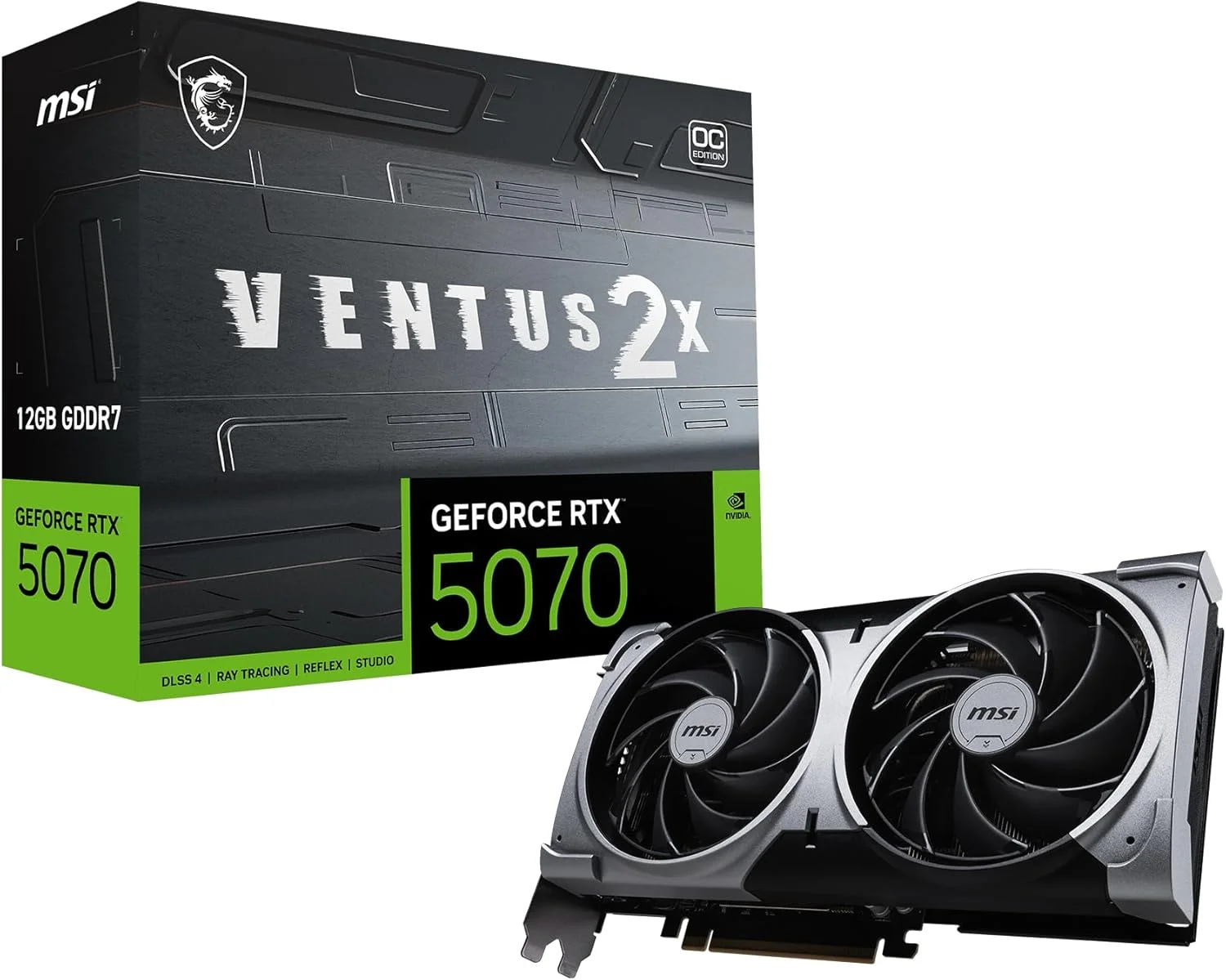 کارت گرافیک MSI Gaming RTX 5070 12G Ventus 2X OC (12 گیگابایت GDDR7، 192 بیتی، عملکرد فوق العاده: 2557 مگاهرتز، DisplayPort x3 2.1a، HDMI 2.1b، معماری NVIDIA Blackwell)