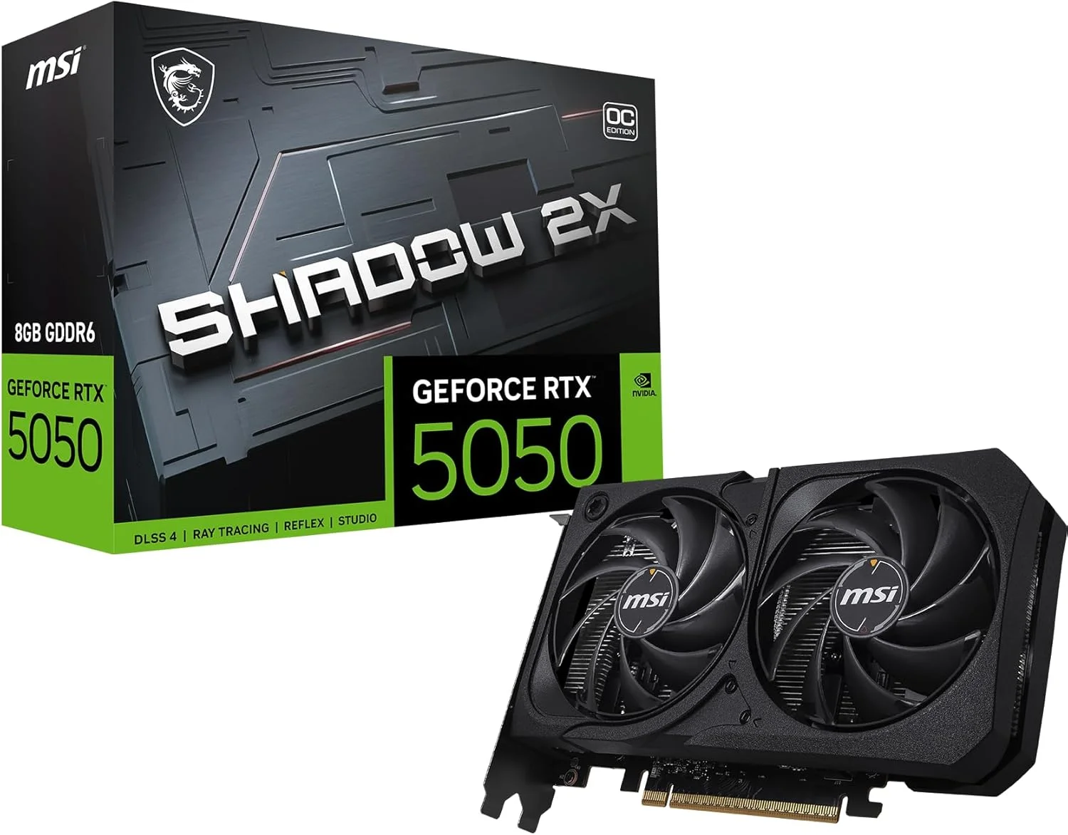 کارت گرافیک MSI Gaming RTX 5050 8G Shadow 2X OC (8 گیگابایت GDDR6، 128 بیتی، عملکرد فوق العاده: 2617 مگاهرتز، DisplayPort x3 2.1a، HDMI 2.1b، معماری NVIDIA Blackwell)