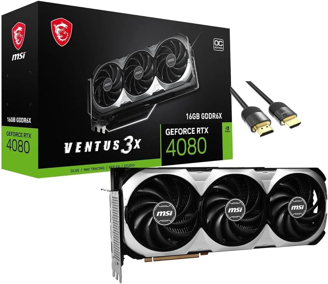 کارت گرافیک MSI Ventus 3X OC RTX 4080 (PCIe 4.0، 16 گیگابایت 256 بیتی GDDR6X، HDMI 2.1a، DP 1.4a، فن TORX 4.0، DLSS 3.0)، همراه با کابل HDMI 2.1