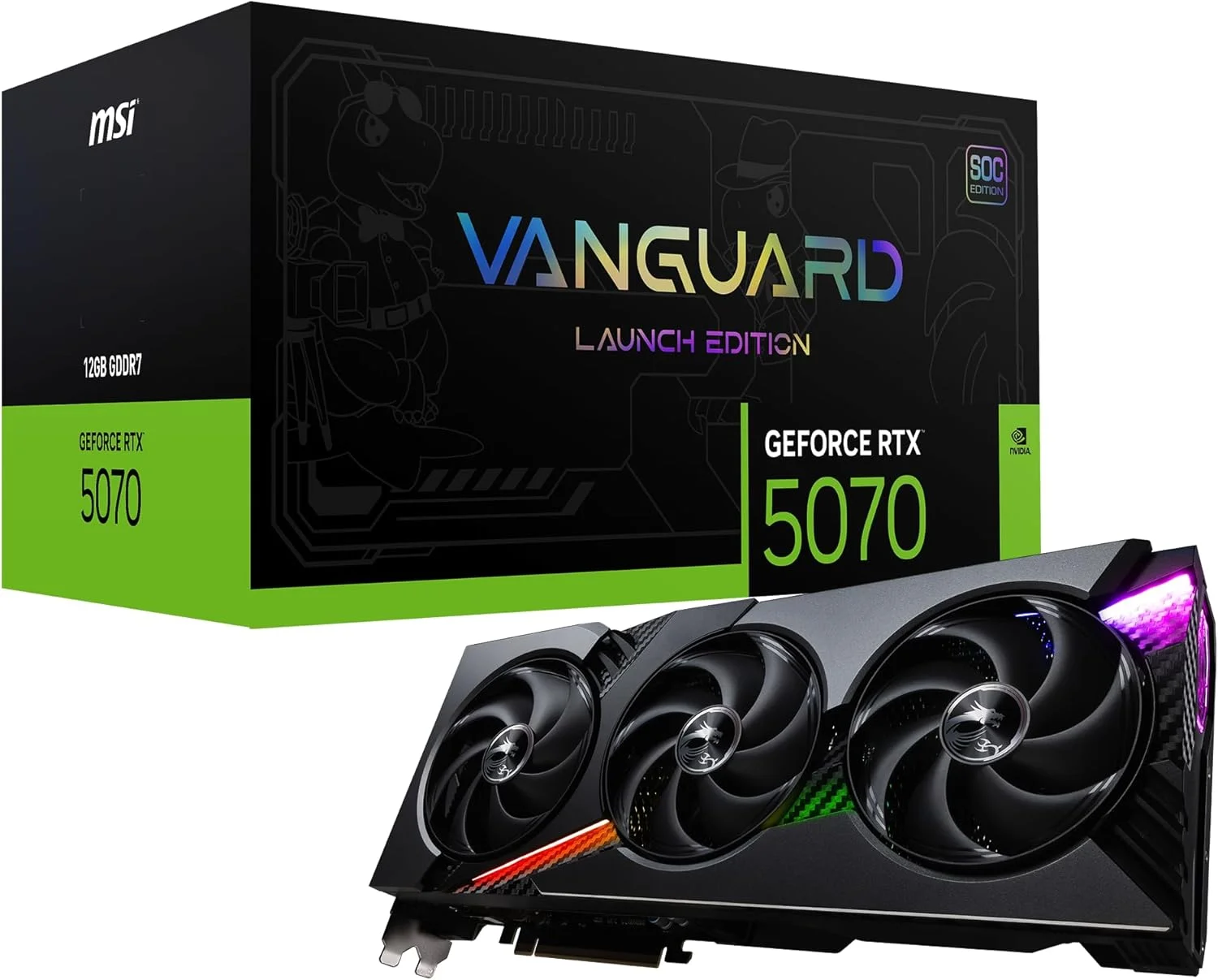 کارت گرافیک MSI Gaming RTX 5070 12G Vanguard SOC Launch Edition (12 گیگابایت GDDR7، 192 بیتی، عملکرد فوق العاده: 2655 مگاهرتز، DisplayPort x 3 2.1a، HDMI 2.1b، معماری NVIDIA Blackwell)