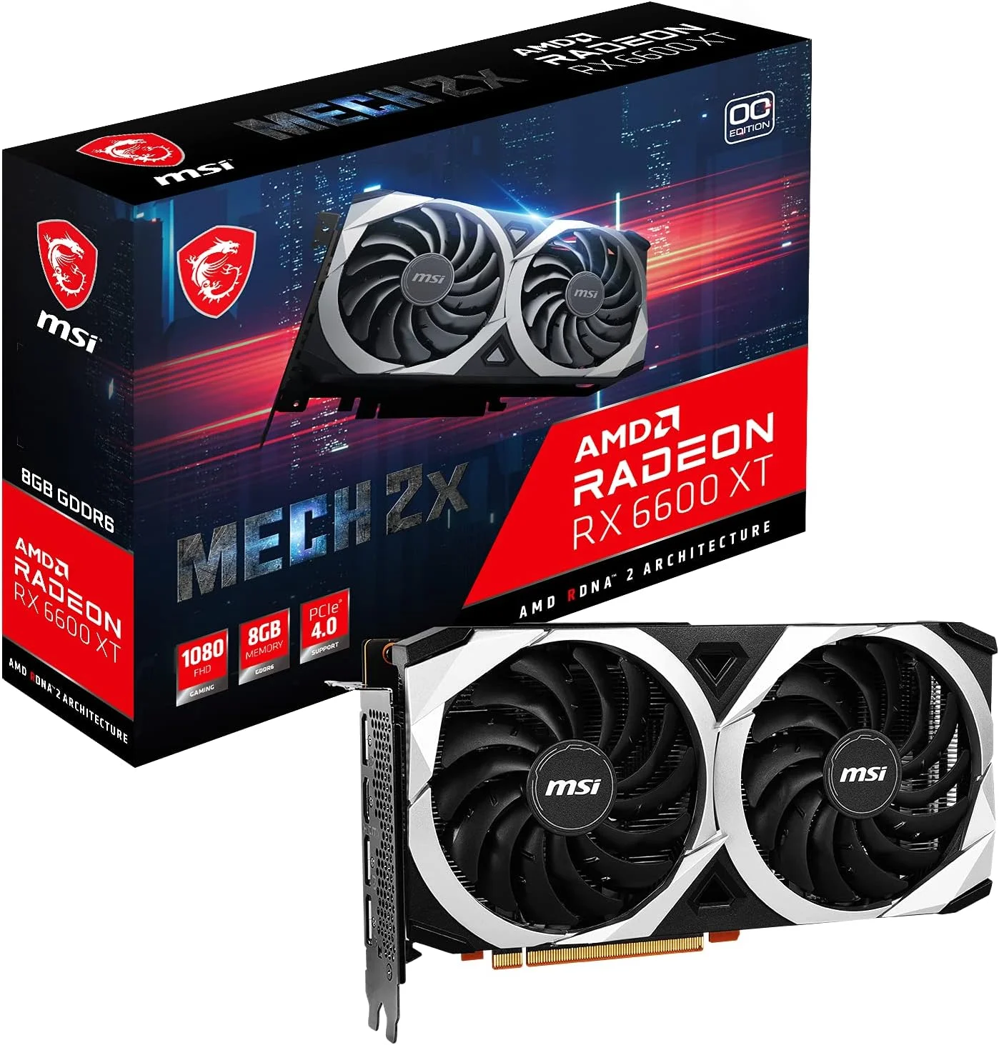 کارت گرافیک گیمینگ ام اس آی Radeon Rx 6600 Xt Mech 2X 8G Oc - حافظه 8 گیگابایت GDDR6، فرکانس 2602 مگاهرتز، Pci Express 4، رابط 128 بیتی، 3 عدد DisplayPort V 1.4، درگاه Hdmi 2.1 (پشتیبانی از 4K و 8K)