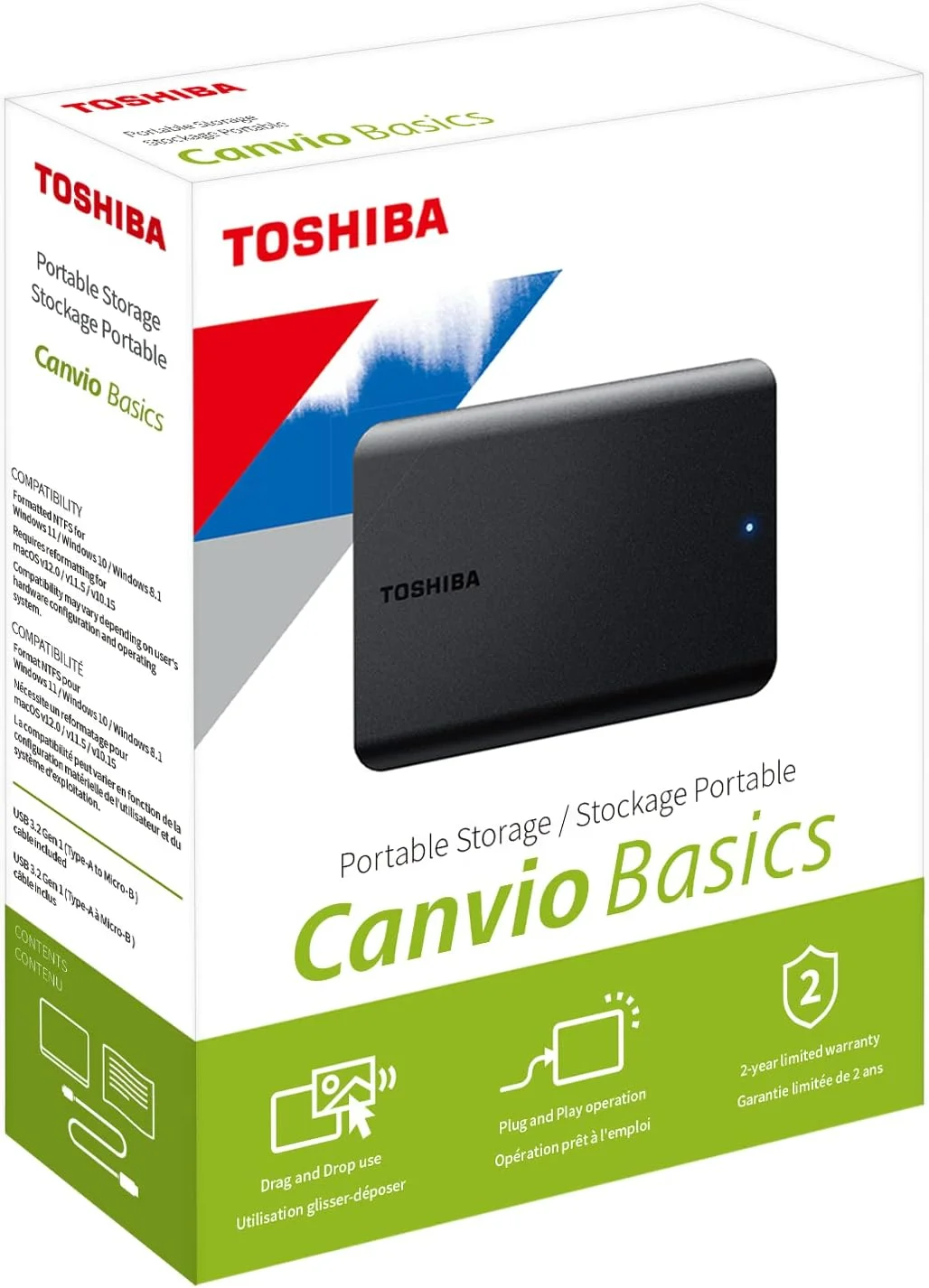 هارد اکسترنال قابل حمل 2 ترابایتی توشیبا Canvio Basics USB 3.2 Gen1، مشکی
