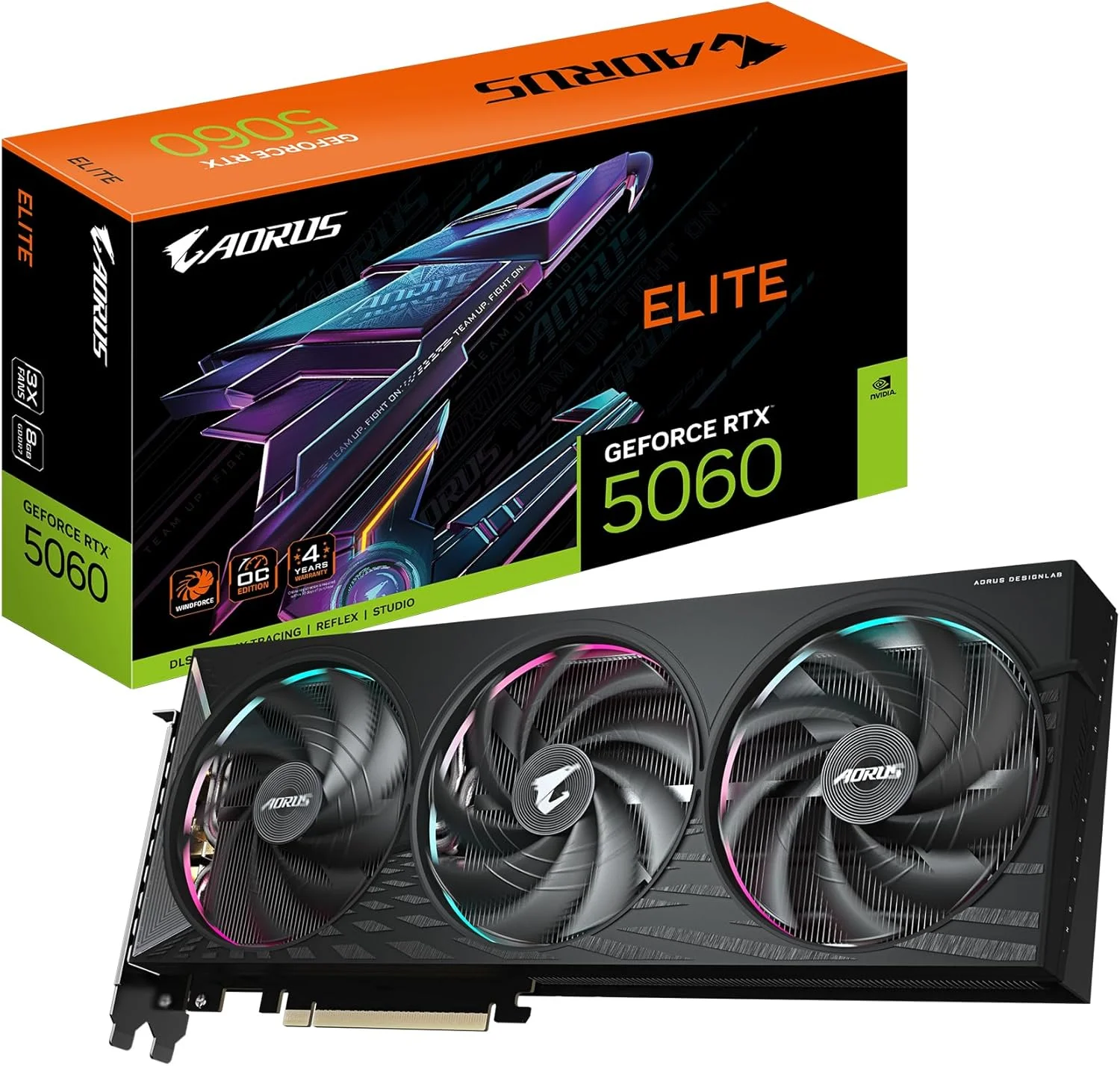 کارت گرافیک گیگابایت AORUS GeForce RTX 5060 ELITE 8G - 8 گیگابایت GDDR7، 128 بیت، PCI-E 5.0، فرکانس هسته 2722 مگاهرتز، 3 پورت DisplayPort، 1 پورت HDMI، GV-N5060AORUS E-8GD