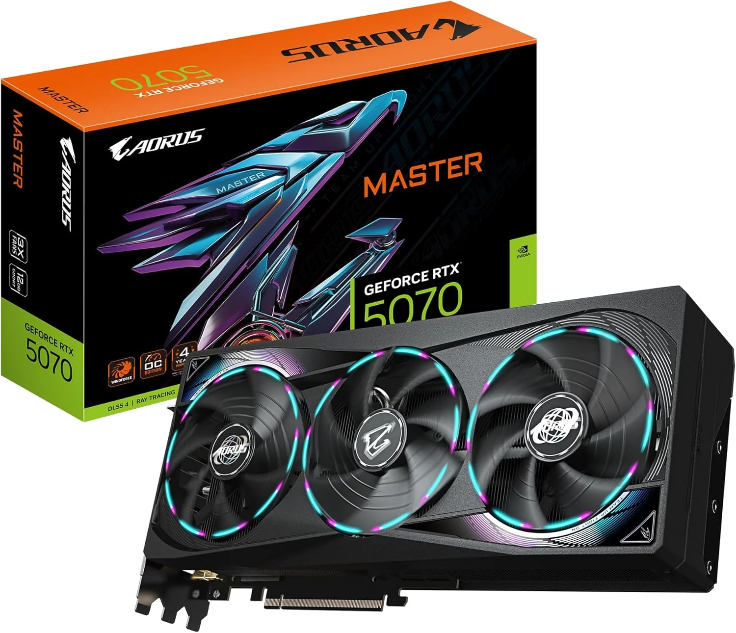 کارت گرافیک گیگابایت AORUS GeForce RTX 5070 MASTER 12G - حافظه 12 گیگابایت GDDR7، رابط 192 بیتی، PCI-E 5.0، فرکانس هسته 2715 مگاهرتز، 3 پورت DP 2.1a، 1 پورت HDMI 2.1b، NVIDIA DLSS 4، مدل GV-N5070AORUS M-12GD