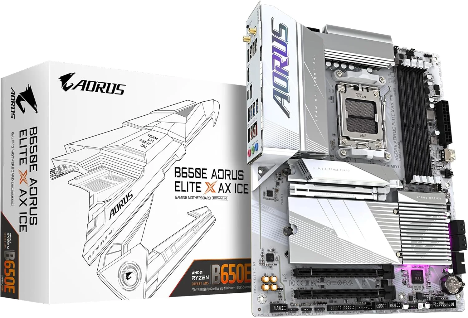 مادربرد گیگابایت B650E AORUS ELITE X AX ICE - پشتیبانی از پردازنده های AMD Ryzen 8000، دارای VRM با 12+2+2 فاز، پشتیبانی از DDR5 تا 8000 مگاهرتز (OC)، دارای 1xPCIe 5.0 M2 + 2xPCIe 4.0 M.2، Wi-Fi 6E، LAN 2.5GbE، USB 3.2 Gen 2