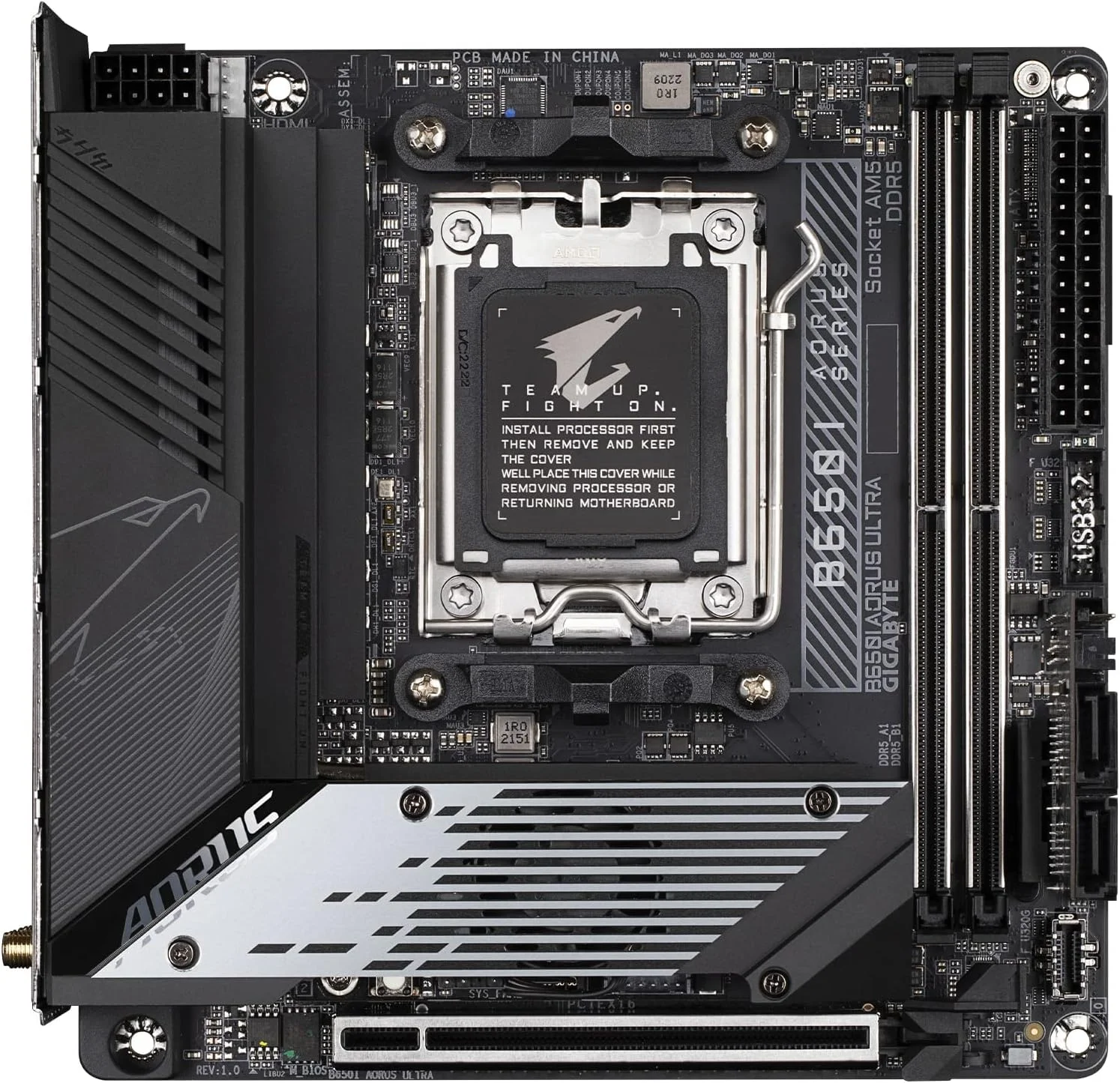 مادربرد GIGABYTE B650I AORUS Ultra (AM5/ LGA 1718/ AMD/ B650/ Mini-ITX/ 5 سال گارانتی/ DDR5/ PCIe 5.0 M.2/ PCIe 5.0/ USB 3.2 Gen2X2 Type-C/Wi-Fi 6E/ Intel 2.5GbE LAN/Q-Flash Plus/EZ-Latch)