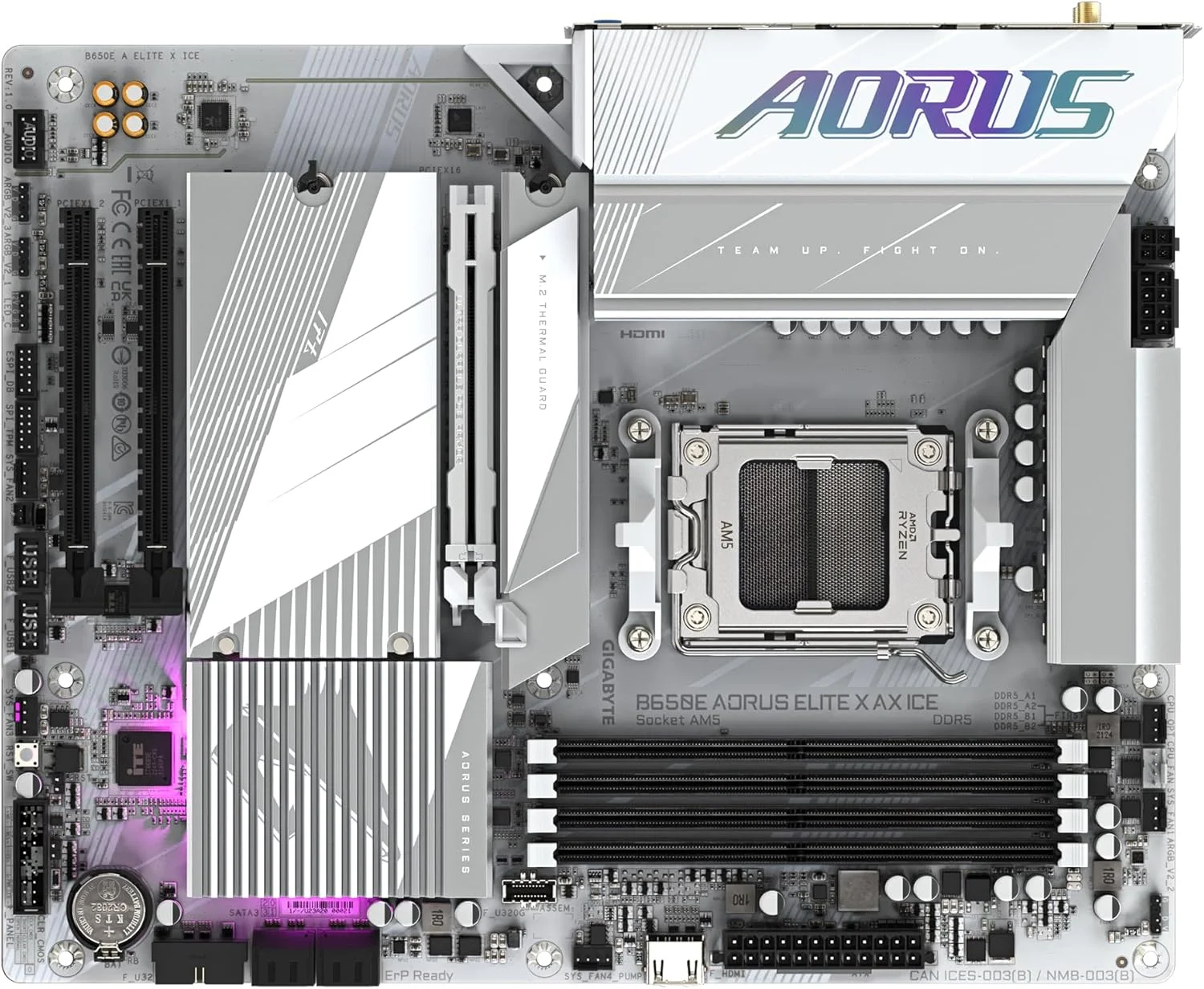مادربرد گیگابایت B650E AORUS ELITE X AX ICE - پشتیبانی از پردازنده های AMD Ryzen 8000، دارای VRM با 12+2+2 فاز، پشتیبانی از DDR5 تا 8000 مگاهرتز (OC)، دارای 1xPCIe 5.0 M2 + 2xPCIe 4.0 M.2، Wi-Fi 6E، LAN 2.5GbE، USB 3.2 Gen 2