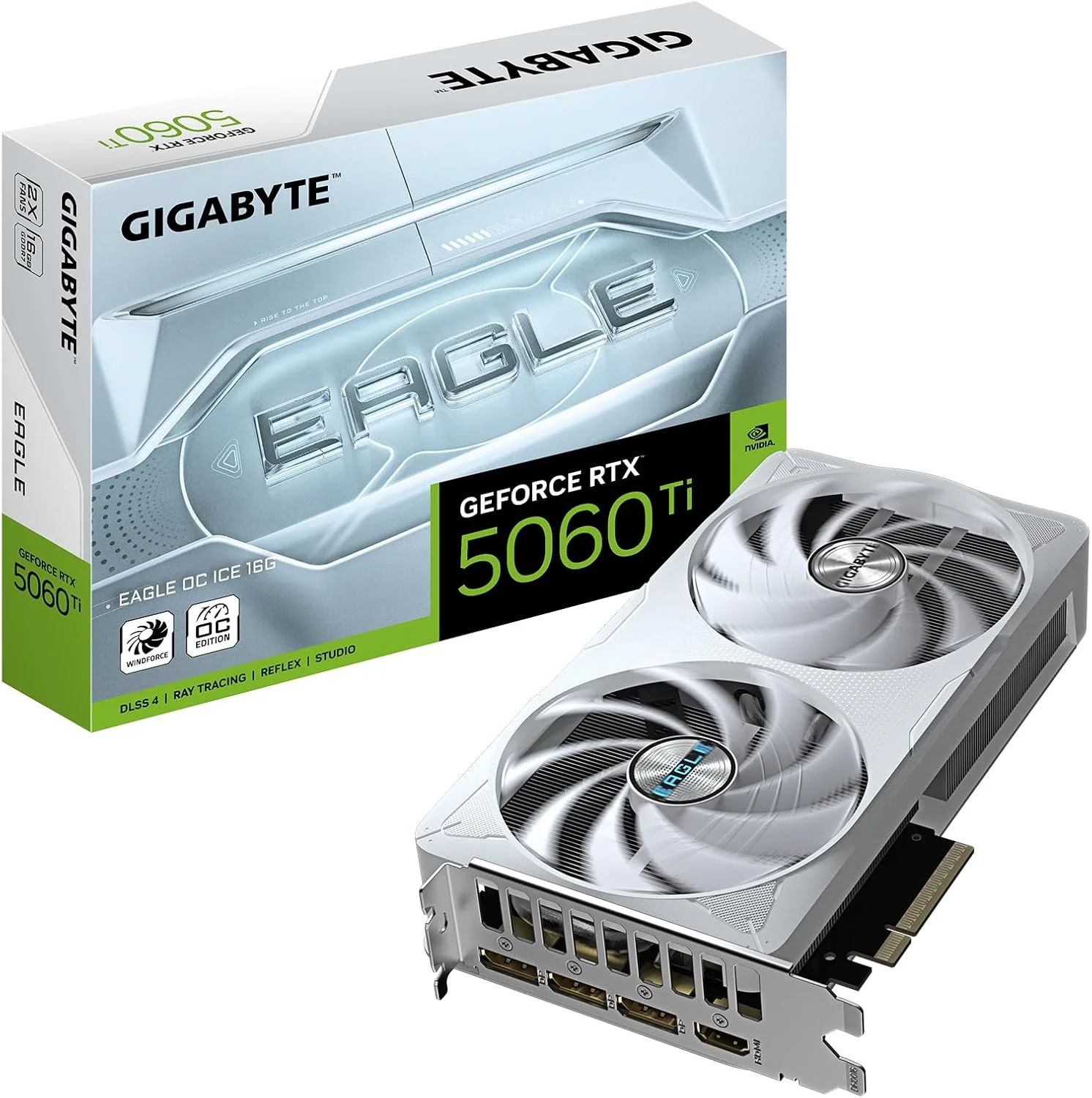 کارت گرافیک گیگابایت GeForce RTX 5060 Ti EAGLE OC ICE 16G - حافظه 16 گیگابایت GDDR7، رابط 128 بیتی، PCI-E 5.0، فرکانس هسته 2617 مگاهرتز، 3 پورت DisplayPort، 1 پورت HDMI، مدل GV-N506TEAGLEOC ICE-16GD