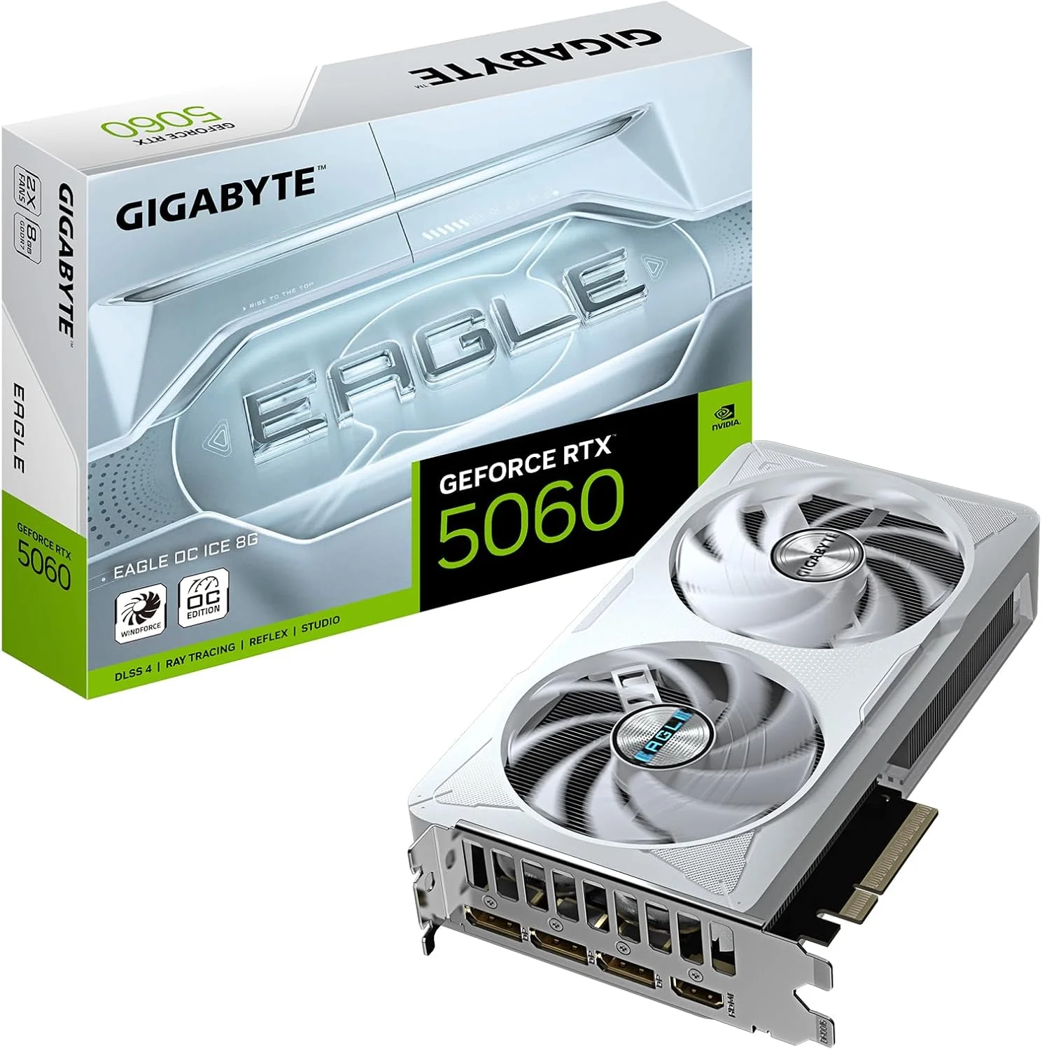 کارت گرافیک گیگابایت GeForce RTX 5060 EAGLE OC ICE 8G - حافظه 8 گیگابایت GDDR7، رابط 128 بیتی، PCI-E 5.0، فرکانس هسته 2550 مگاهرتز، 3 پورت DisplayPort، 1 پورت HDMI، مدل GV-N5060EAGLEOC ICE-8GD