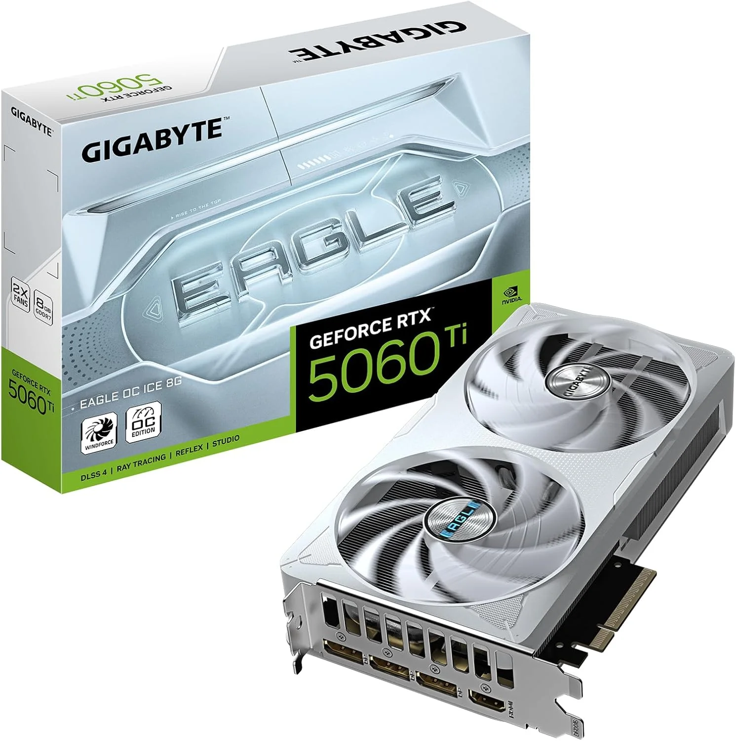 کارت گرافیک گیگابایت GeForce RTX 5060 Ti Eagle OC Ice 8G - حافظه 8 گیگابایت GDDR7، رابط 128 بیتی، PCI-E 5.0، فرکانس هسته 2617 مگاهرتز، 3x DisplayPort، 1x HDMI، مدل GV-N506TEAGLEOC ICE-8GD