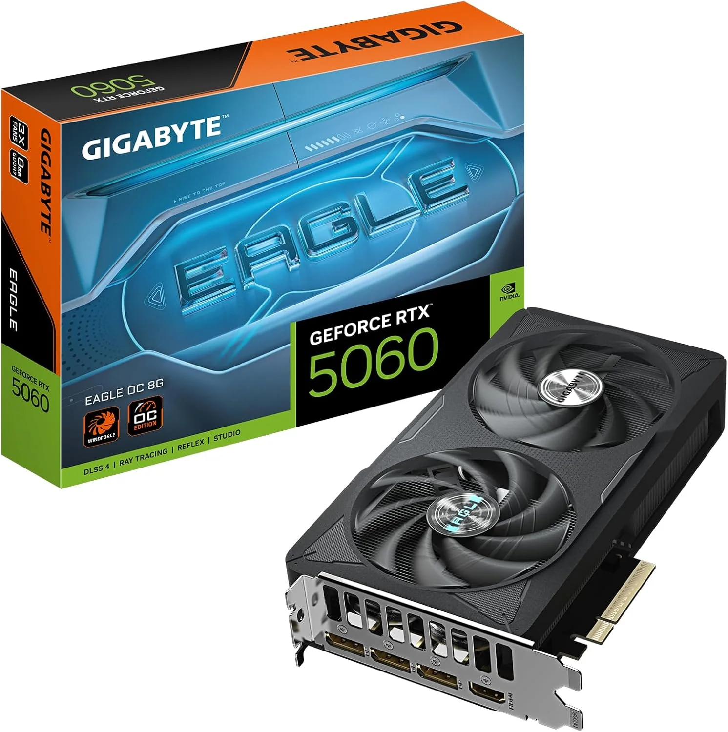 کارت گرافیک گیگابایت GeForce RTX 5060 Eagle OC 8G - حافظه 8 گیگابایت GDDR7، رابط 128 بیتی، PCI-E 5.0، فرکانس هسته 2550 مگاهرتز، 3 پورت DisplayPort، 1 پورت HDMI، GV-N5060EAGLE OC-8GD