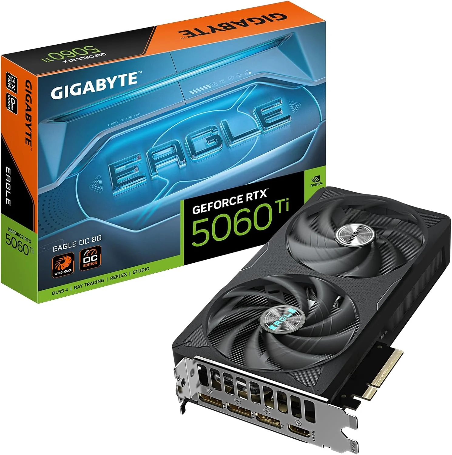 کارت گرافیک گیگابایت GeForce RTX 5060 Ti EAGLE OC 8G - حافظه 8 گیگابایت GDDR7، رابط 128 بیتی، PCI-E 5.0، فرکانس هسته 2617 مگاهرتز، 3 پورت DisplayPort، 1 پورت HDMI، GV-N506TEAGLE OC-8GD