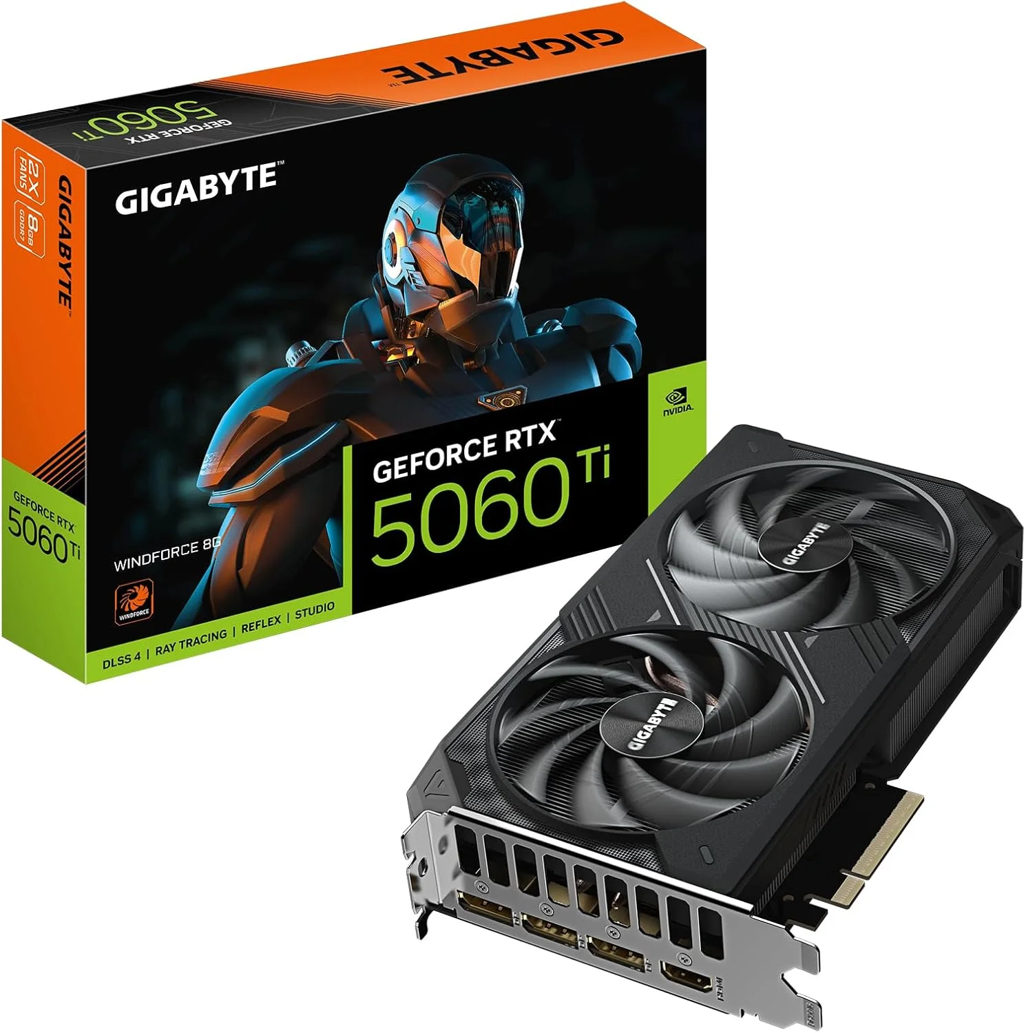 کارت گرافیک گیگابایت GeForce RTX 5060 Ti WINDFORCE 8G - حافظه 8 گیگابایت GDDR7، رابط 128 بیتی، PCI-E 5.0، فرکانس هسته 2572 مگاهرتز، 3 پورت DisplayPort، 1 پورت HDMI، مدل GV-N506TWF2-8GD