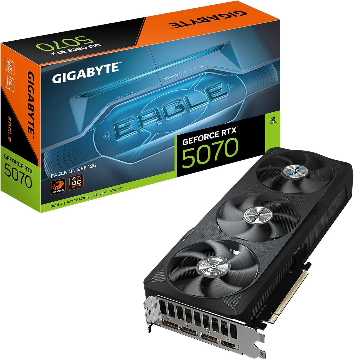 کارت گرافیک گیگابایت GeForce RTX 5070 Eagle OC SFF 12G - حافظه 12 گیگابایت GDDR7، رابط 192 بیتی، PCI-E 5.0، فرکانس هسته 2587 مگاهرتز، 3 پورت DP 2.1a، 1 پورت HDMI 2.1b، NVIDIA DLSS 4، مدل GV-N5070GAMING OC-12GD