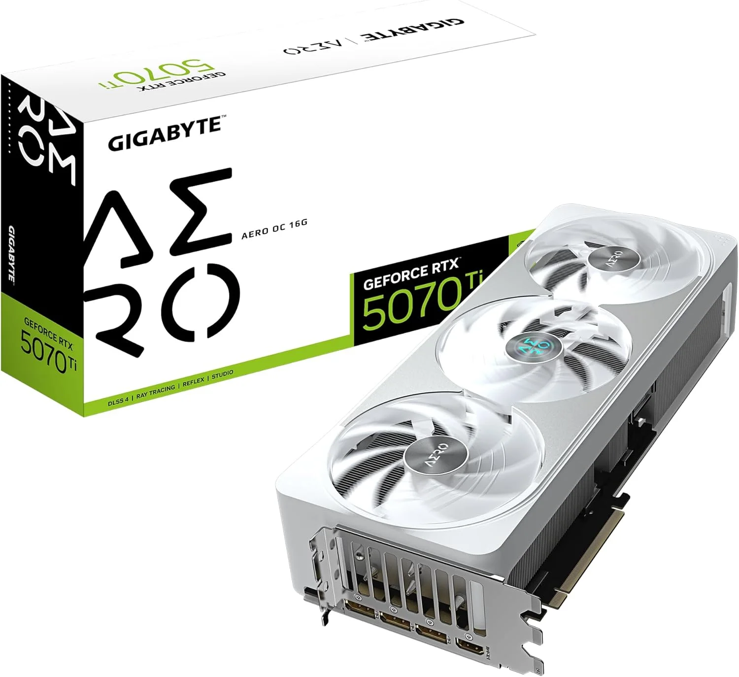 کارت گرافیک گیگابایت GeForce RTX 5070 Ti AERO OC 16G - حافظه 16 گیگابایت GDDR7، رابط 256 بیتی، PCI-E 5.0، فرکانس هسته 2588 مگاهرتز، 3 پورت DP 2.1a، 1 پورت HDMI 2.1b، NVIDIA DLSS 4، مدل GV-N507TAERO OC-16GD