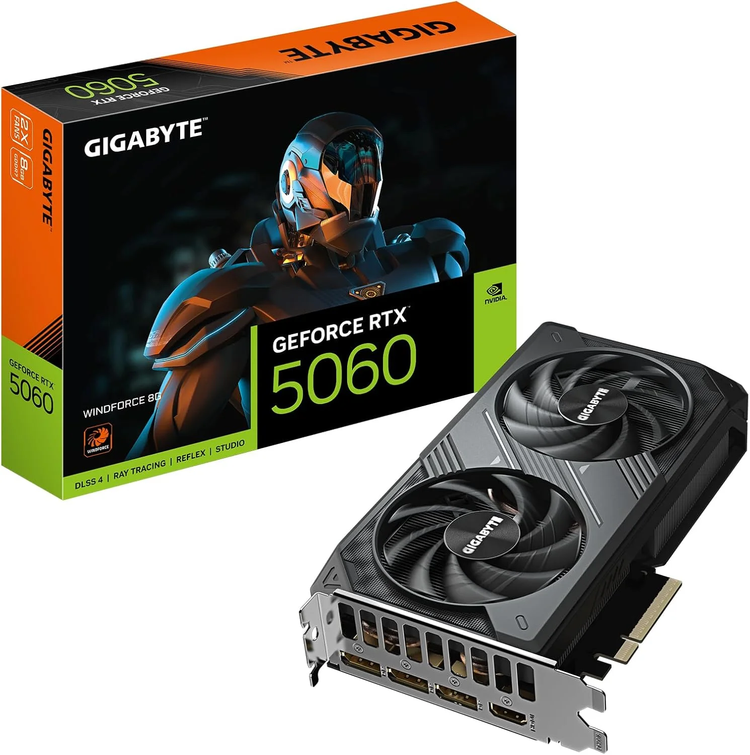 کارت گرافیک گیگابایت GeForce RTX 5060 WINDFORCE 8G - حافظه 8 گیگابایت GDDR7، رابط 128 بیتی، PCI-E 5.0، فرکانس هسته 2497 مگاهرتز، 3 پورت DisplayPort، 1 پورت HDMI، مدل GV-N5060WF2-8GD