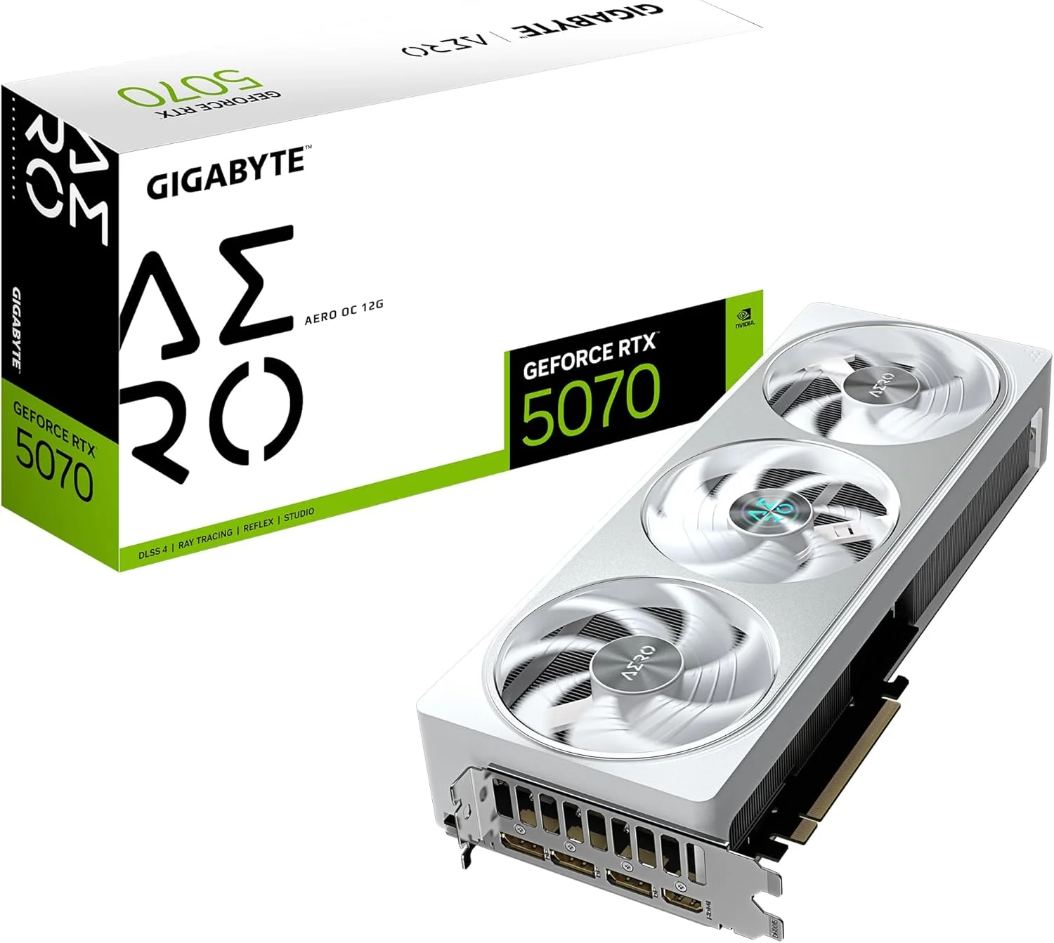 کارت گرافیک گیگابایت GeForce RTX 5070 AERO OC 12G - حافظه 12 گیگابایت GDDR7، رابط 192 بیت، PCI-E 5.0، فرکانس هسته 2625 مگاهرتز، 3 پورت DP 2.1a، 1 پورت HDMI 2.1b، NVIDIA DLSS 4، مدل GV-N5070AERO OC-12GD