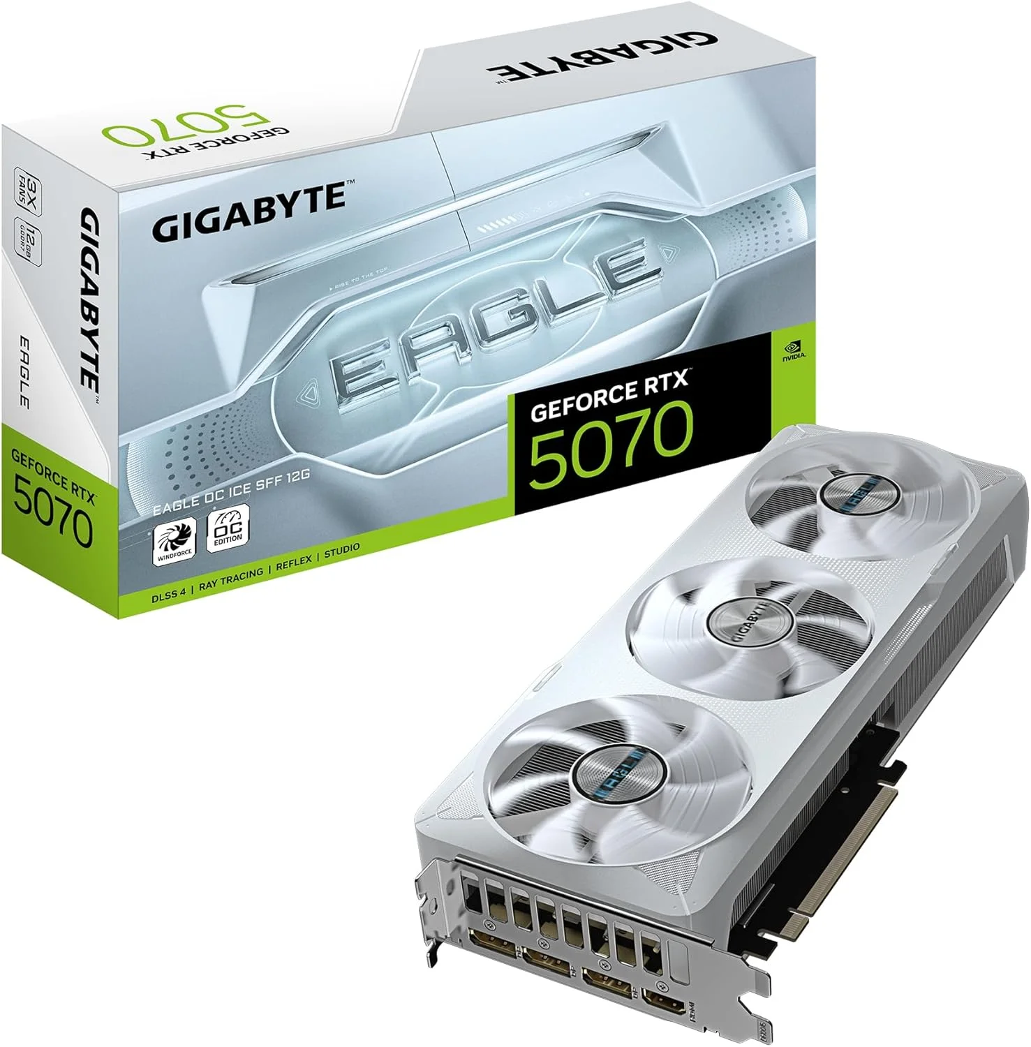 کارت گرافیک گیگابایت GeForce RTX 5070 EAGLE OC ICE SFF 12G - حافظه 12 گیگابایت GDDR7، رابط 192 بیتی، PCI-E 5.0، فرکانس هسته 2587 مگاهرتز، 3 پورت DP 2.1a، 1 پورت HDMI 2.1b، NVIDIA DLSS 4، مدل GV-N5070EAGLEOC ICE-12GD