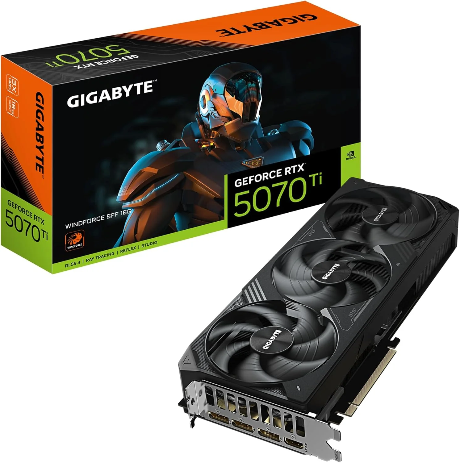 کارت گرافیک گیگابایت GeForce RTX 5070 Ti WINDFORCE SFF 16G - با 16 گیگابایت حافظه GDDR7، رابط 256 بیتی، PCI-E 5.0، فرکانس هسته 2452 مگاهرتز، 3 پورت DP 2.1b، 1 پورت HDMI 2.1b، NVIDIA DLSS 4، مدل GV-N507TWF3-16GD