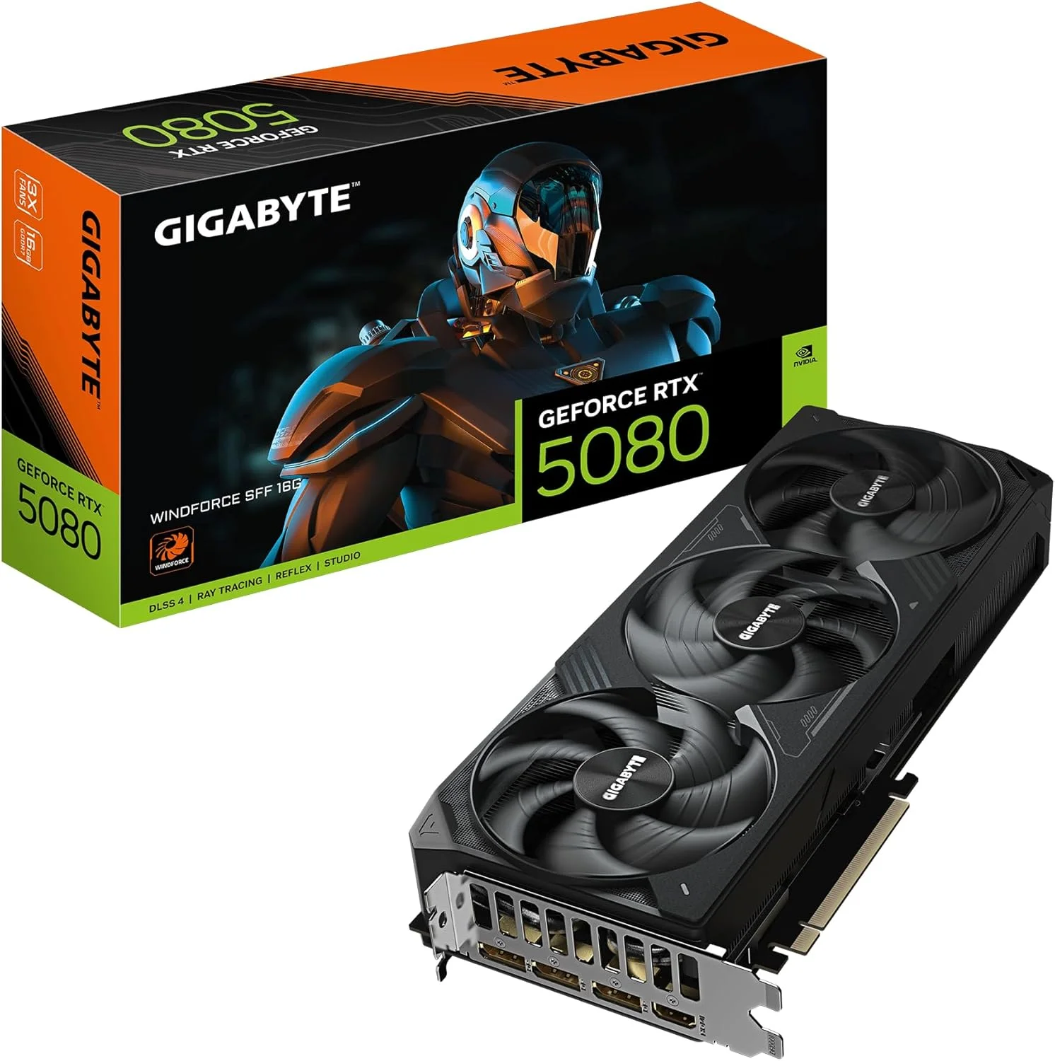 کارت گرافیک گیگابایت GeForce RTX 5080 WINDFORCE SFF 16G - حافظه 16 گیگابایت GDDR7، رابط 256 بیتی، PCI-E 5.0، فرکانس هسته 2617 مگاهرتز، 3 پورت DisplayPort، 1 پورت HDMI، مدل GV-N5080WF3-16GD