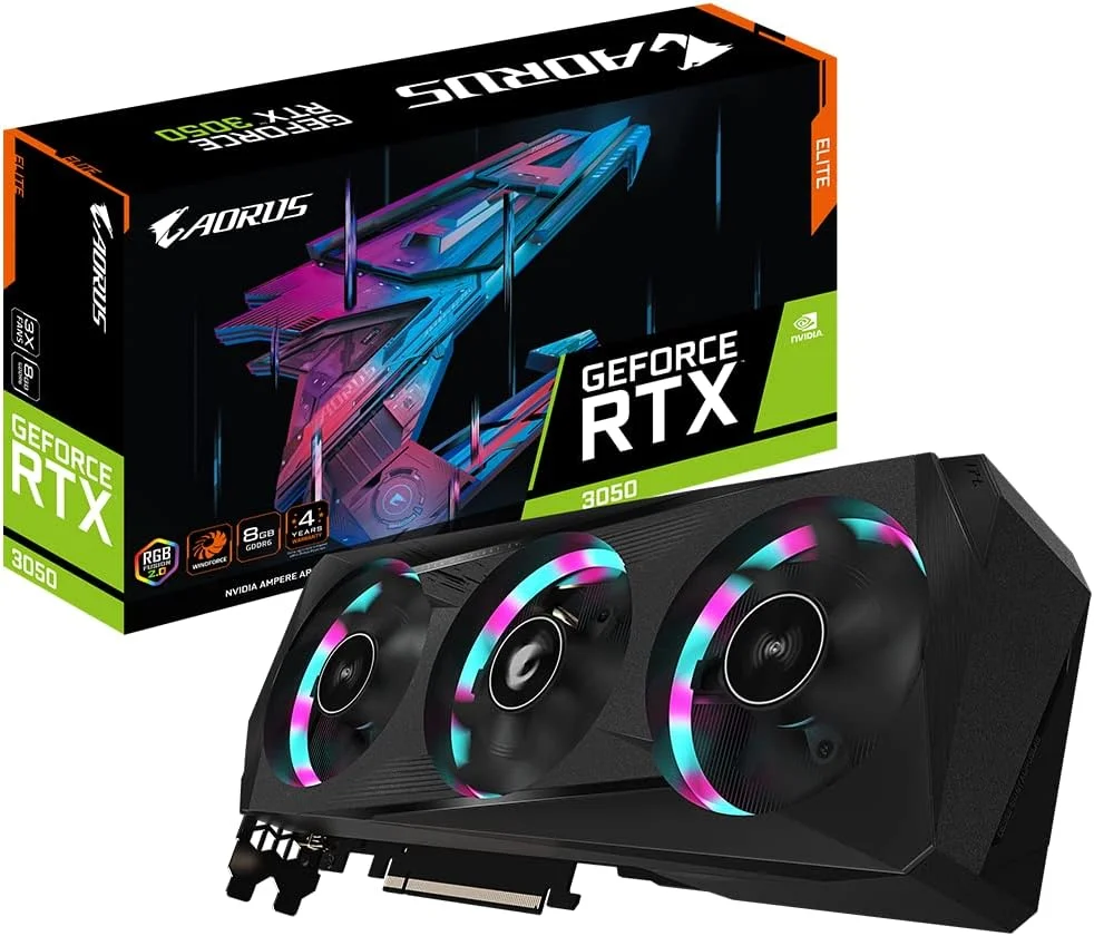 کارت گرافیک GIGABYTE AORUS GeForce RTX 3050 Elite 8G، فن های 3X WINDFORCE، حافظه 8 گیگابایتی GDDR6 128 بیتی GDDR6، کارت ویدیو GV-N3050AORUS E-8GD